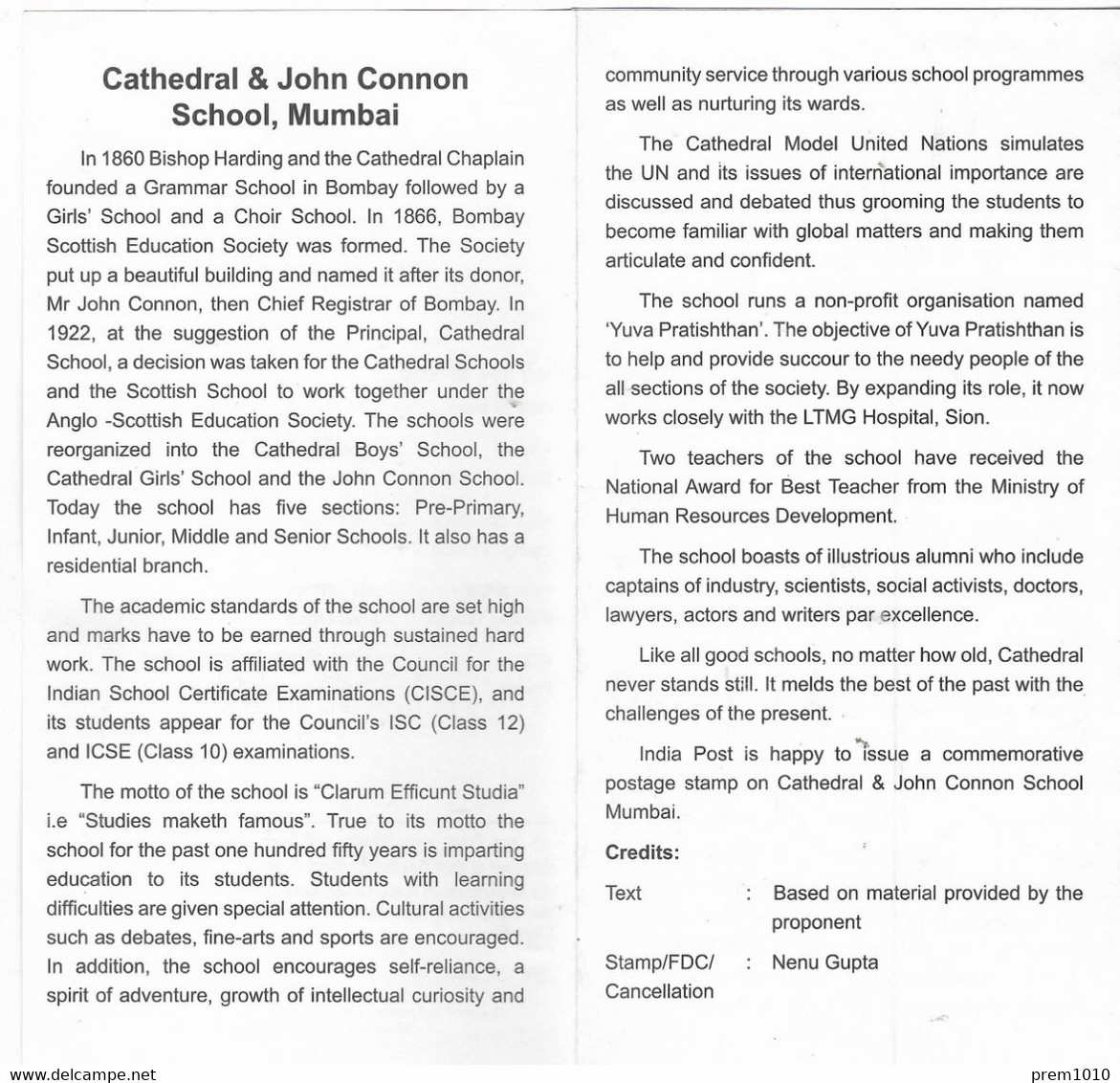 INDIA-2010 Cathedral & John Connon School, Mumbai- Official Brochure Of Stamp Issue - Unclassified