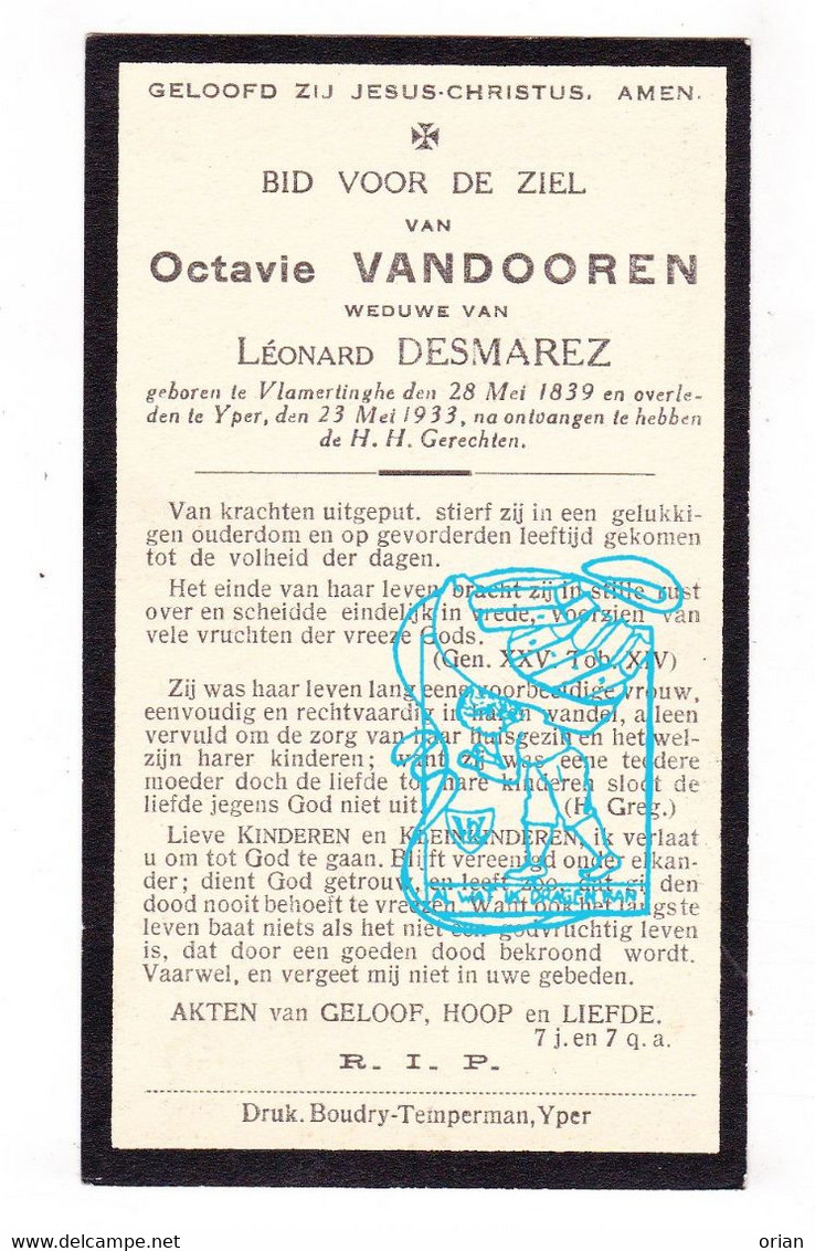 DP Octavie Vandooren ° Vlamertinge 1839 † Ieper 1933 X Léonard Desmarez - Devotion Images