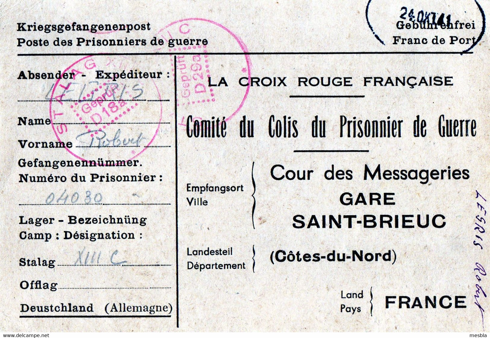 La Croix Rouge Française, Comité Du Colis Du Prisonnier De Guerre - Gare Saint-Brieuc - Mr Legris Rober Stalag XIII C - Documenti Storici