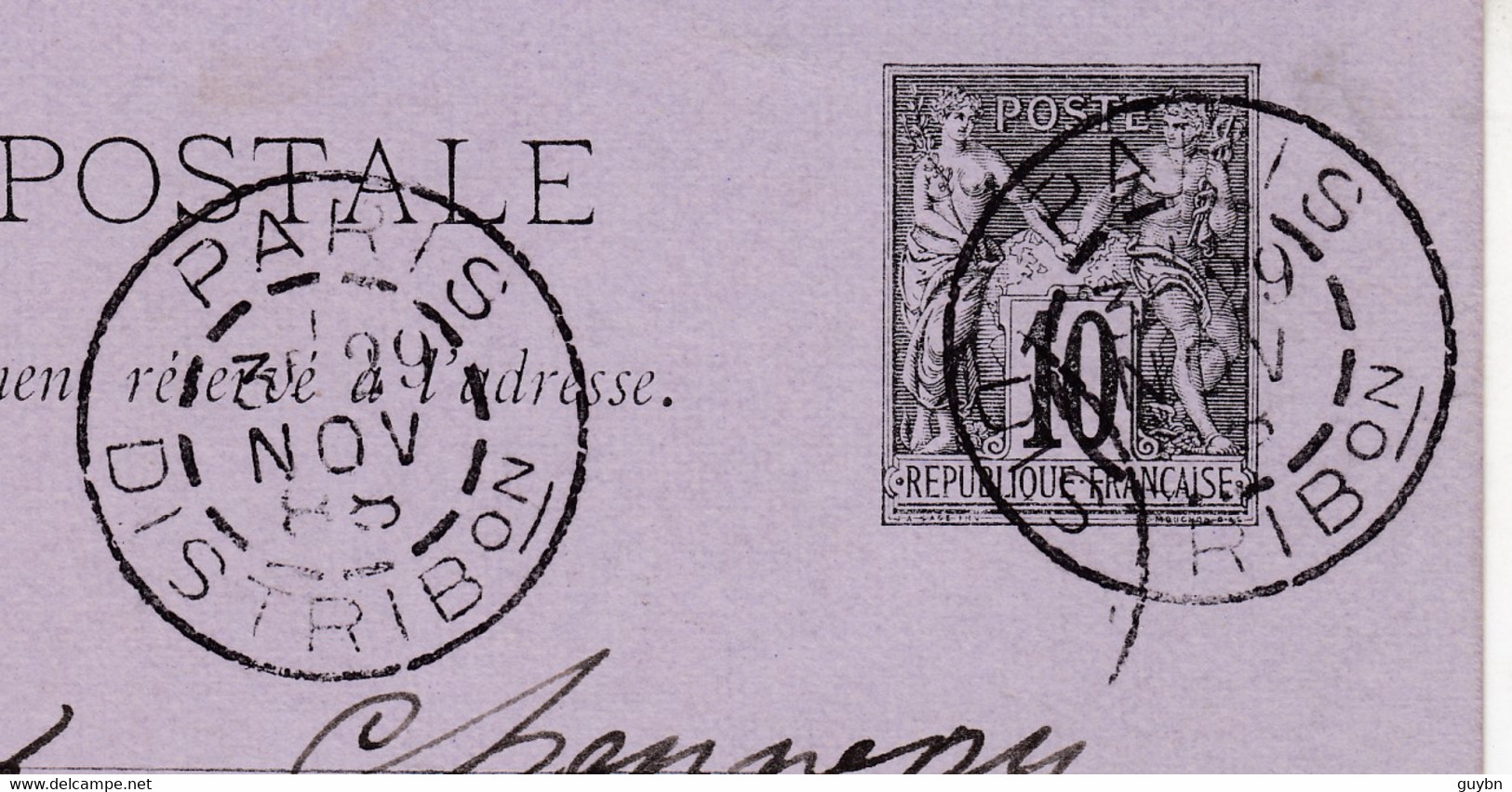 "  Paris Distribon Type 84 ..Distribution 29 Nov 1888 Sur Entier Cp 10c Sage - 1877-1920: Période Semi Moderne