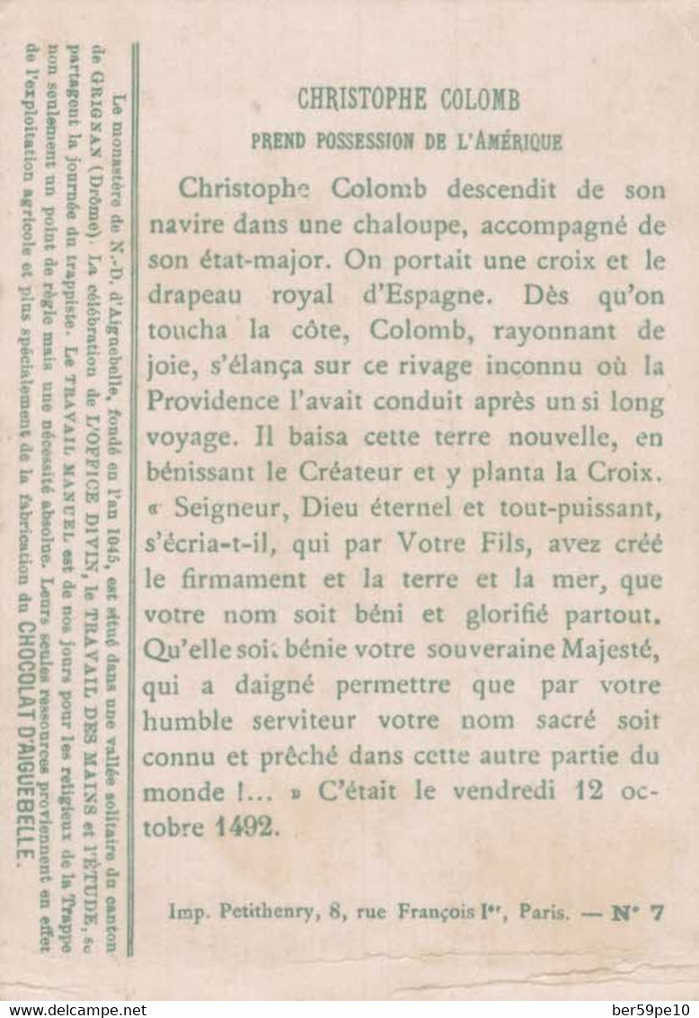 CHROMO CHOCOLAT D'AIGUEBELLE CHRISTOPHE COLOMB PREND POSSESSION DE L'AMERIQUE - Aiguebelle