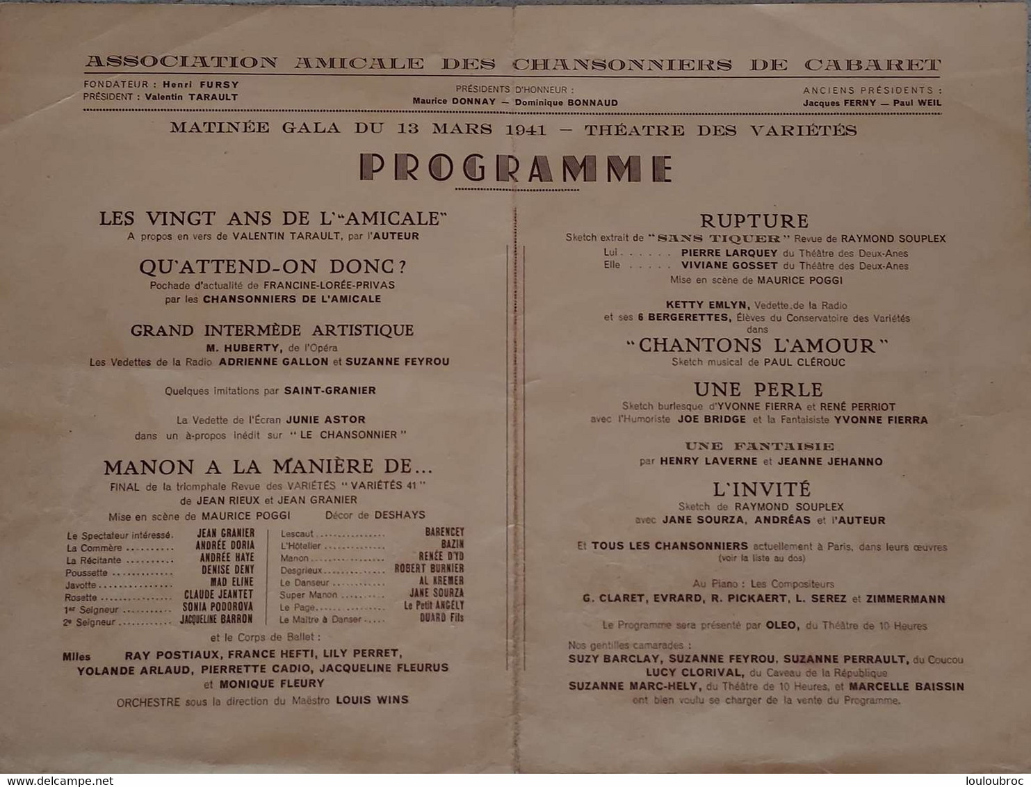 POULBOT PROGRAMME DE  L'AMICALE DES CHANSONNIERS DE CABARET 1941 THEATRE DES VARIETES - Programma's