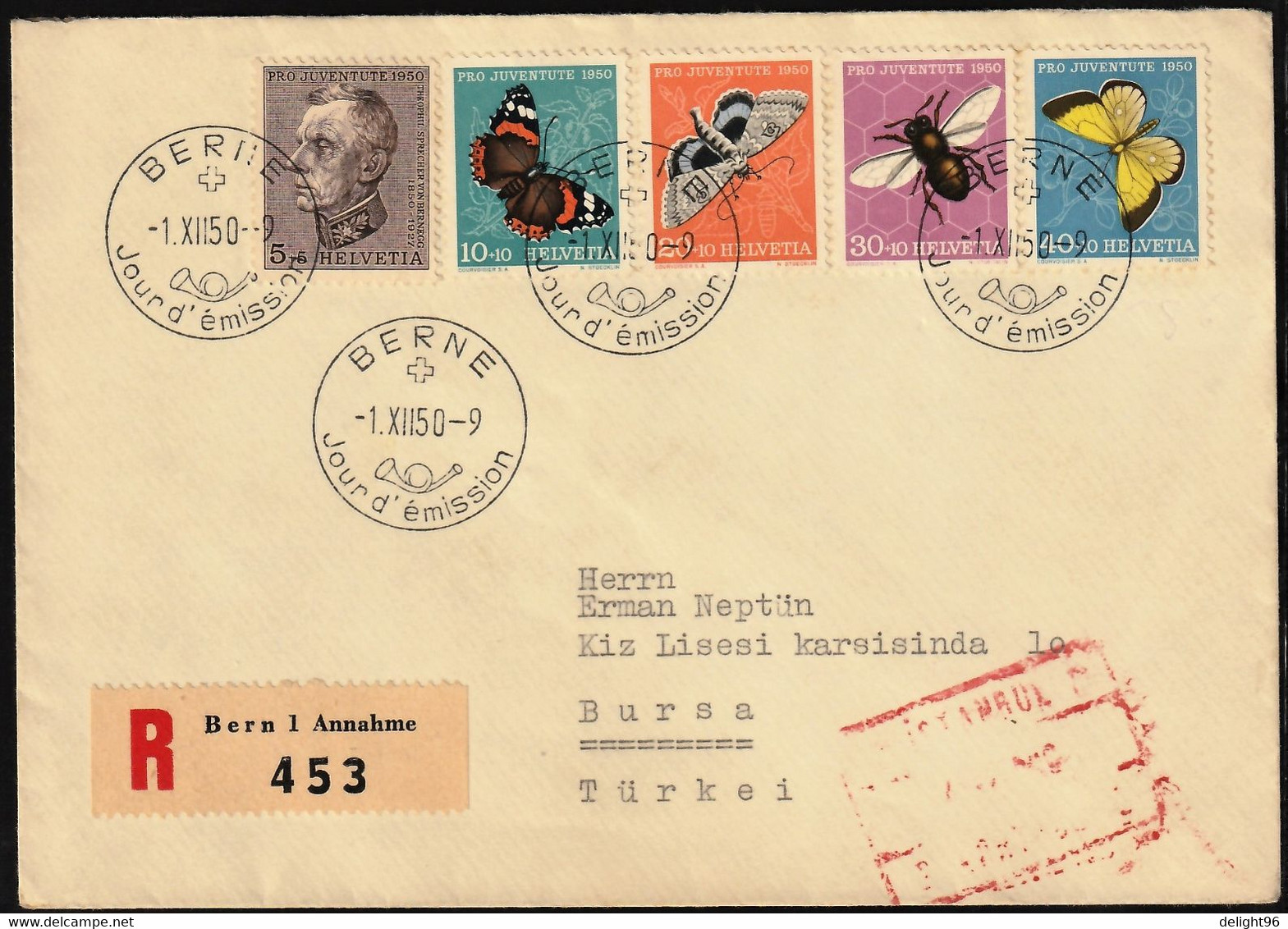 1950 Switzerland Youth Charity: Birth Centenary Of Sprecher Von Bernegg, Honey Bee, Butterflies Postally Travelled FDC - Vlinders
