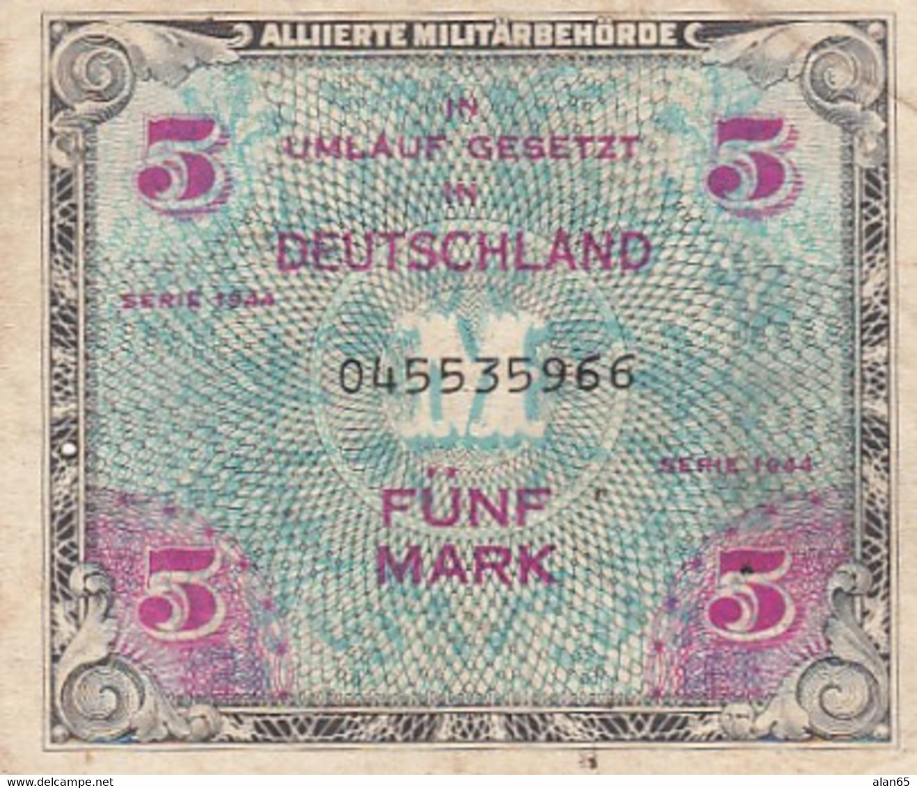 Germany #193a 1944 5 Mark Banknote Currency - 5 Mark