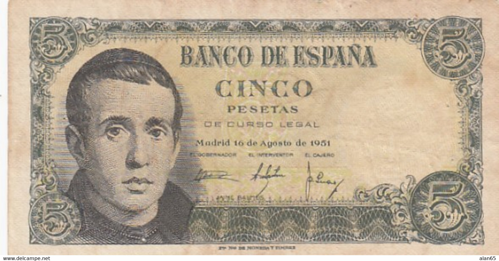 Spain #140a 1951 5 Pesetas Banknote Currency - 5 Peseten