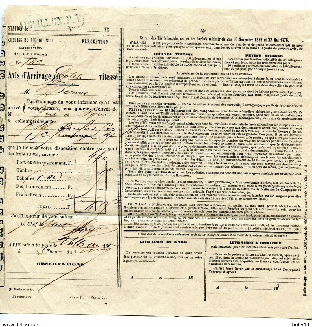 LOT ET GARONNE De La GARE DE AIGUILLON   Avis D'expédition De 1880 Avec Sage N°90 Oblitéré Par Dateur T 18 - Railway Post