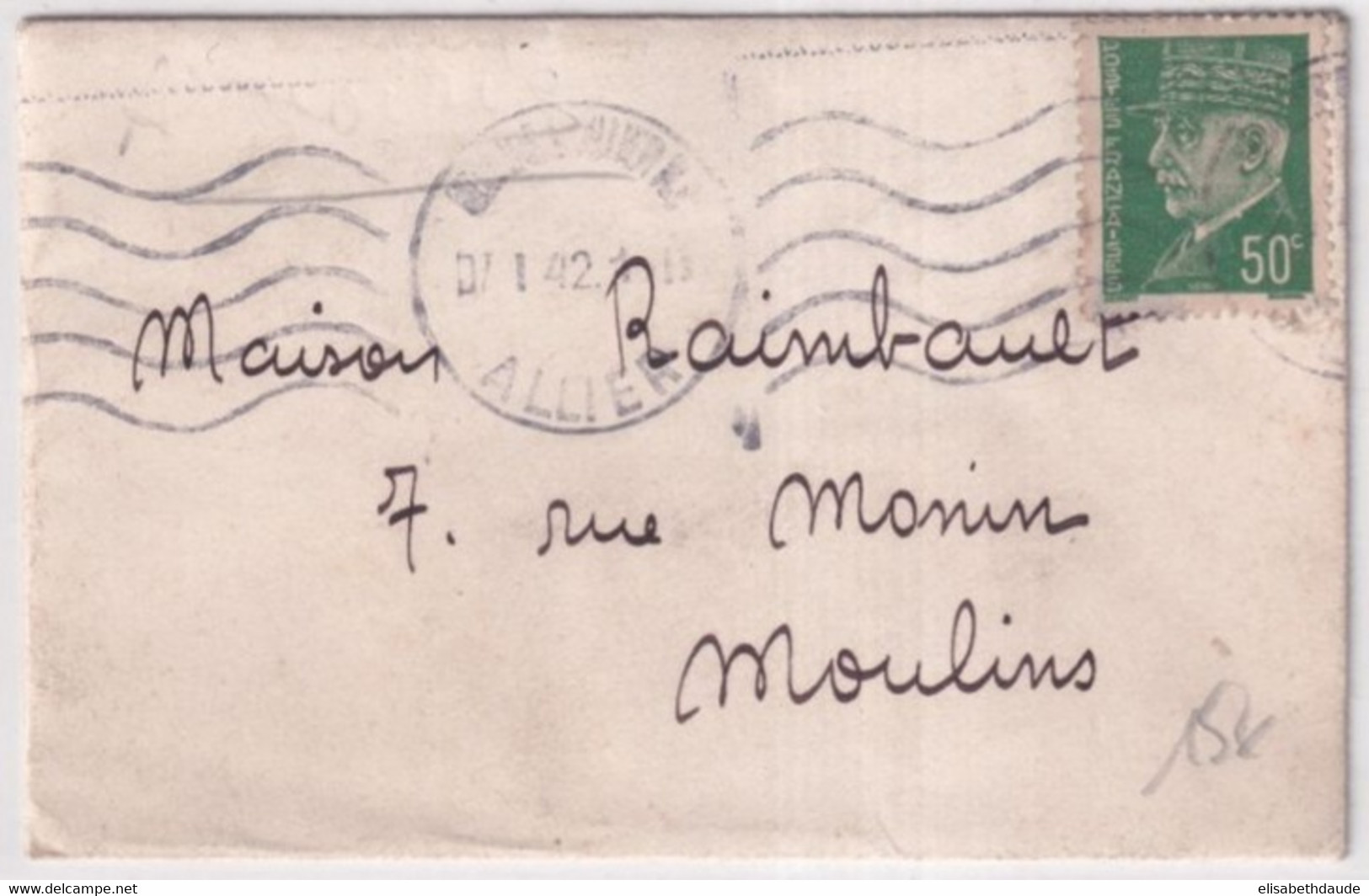 JANVIER 1942 - PETAIN YT  508 SEUL SUR ENVELOPPE PETIT FORMAT CARTE DE VISITE LOCALE De MOULINS - 1941-42 Pétain