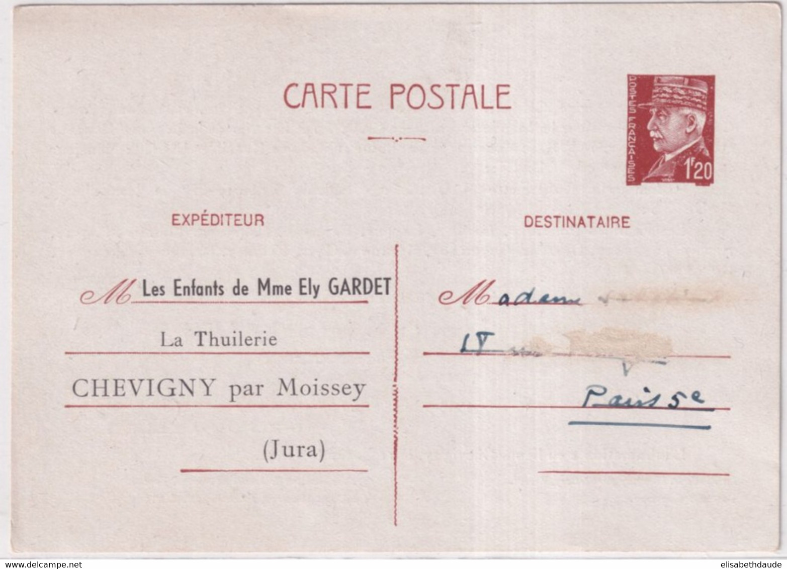 1942 - PETAIN - CP ENTIER 1F20 Avec REPIQUAGE De CHEVIGNY (JURA) => PARIS (NOM GRATTE) - Cartes Postales Repiquages (avant 1995)