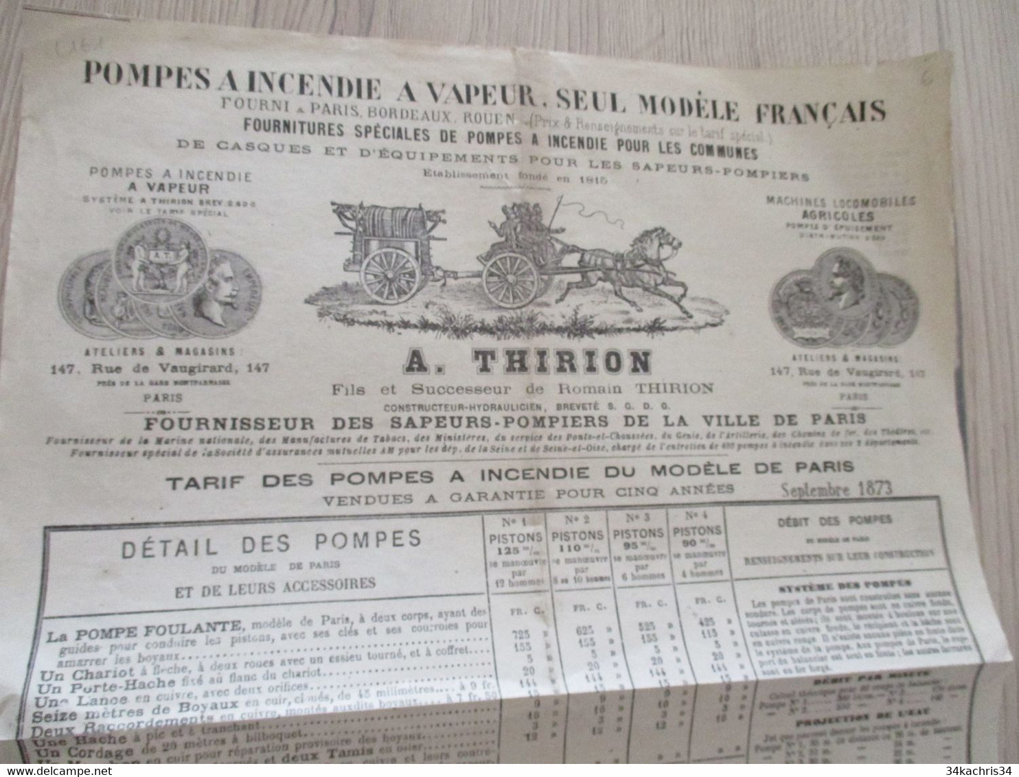 Pub Publicité A.Thrion Pompes à Incendie Vapeur Paris Fournisseur Des Sapeurs Pompiers De Paris Septembre 1873 - Pubblicitari