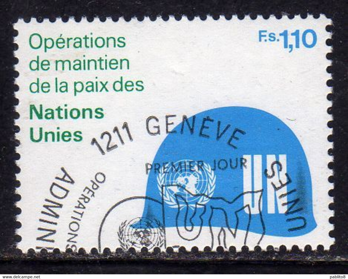 UNITED NATIONS GENEVE GINEVRA GENEVA ONU UN UNO 1980 PEACE KEEPING OPERATIONS PAIX MANTEIN 1.10fr USATO USED OBLITERE' - Gebruikt