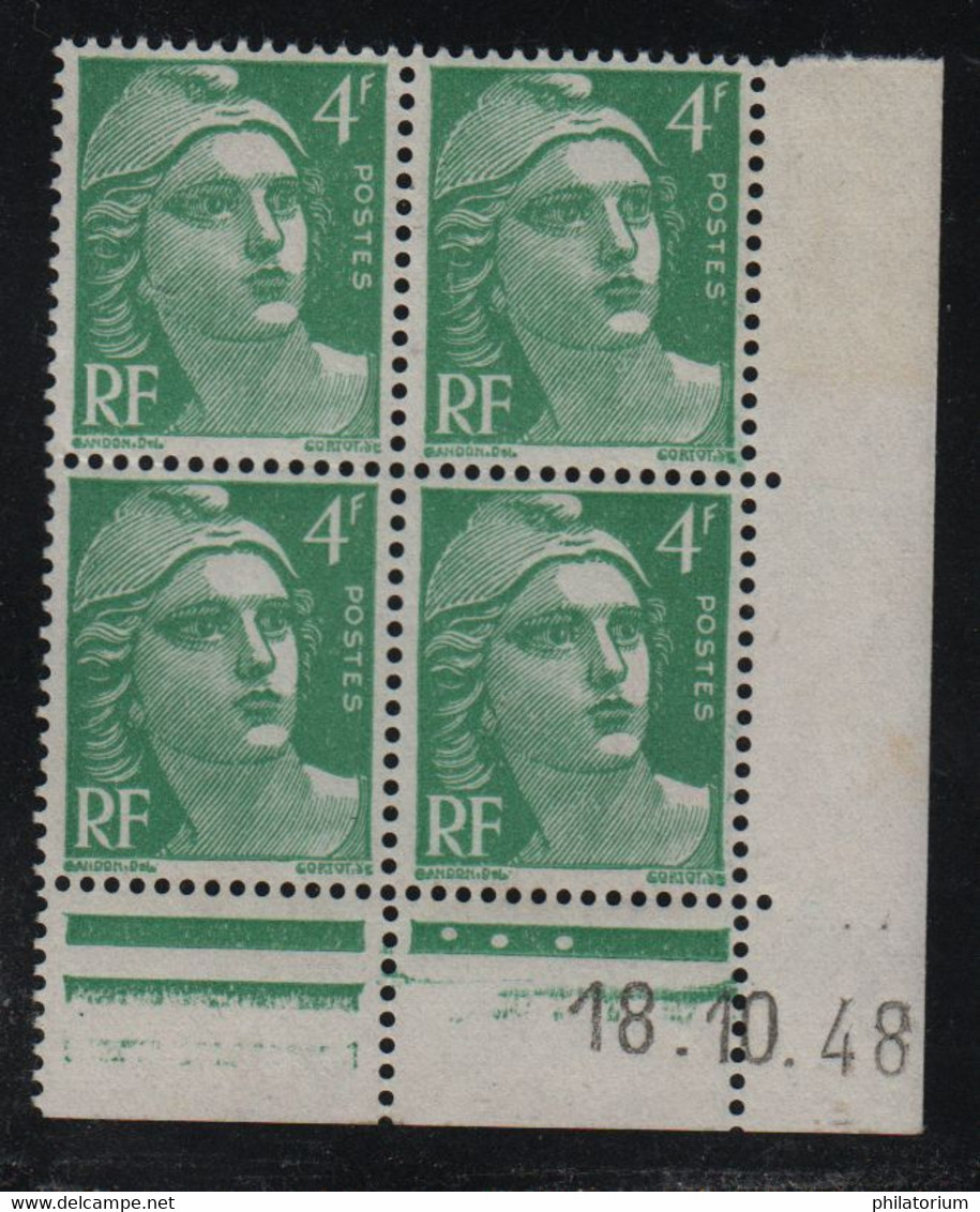 FRANCE  Coin Daté **  Type Marianne De Gandon  4f  Vert Bleu  18.10.48  N° Yvert 807  Neuf Sans Charnière - 1940-1949