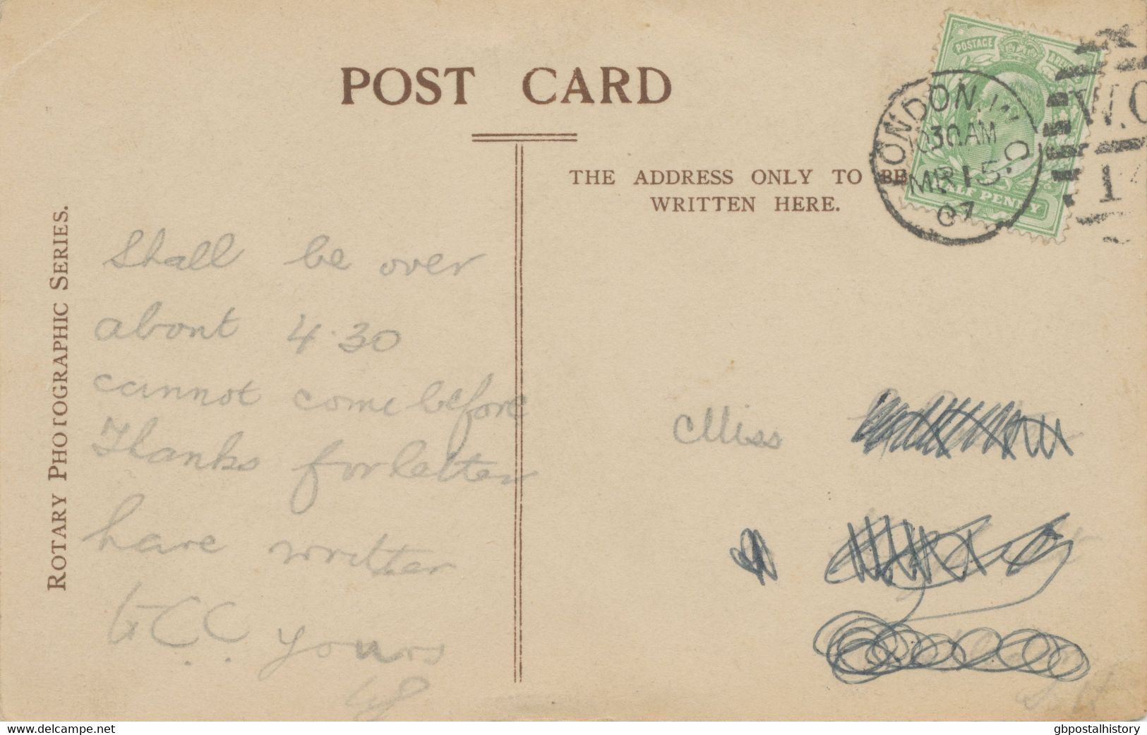 GB 1907 EVII 1/2d Yellow-green On Fine B/w Pc RP Duplex "LONDON.W.C. / W.C / 14" - Cartas & Documentos