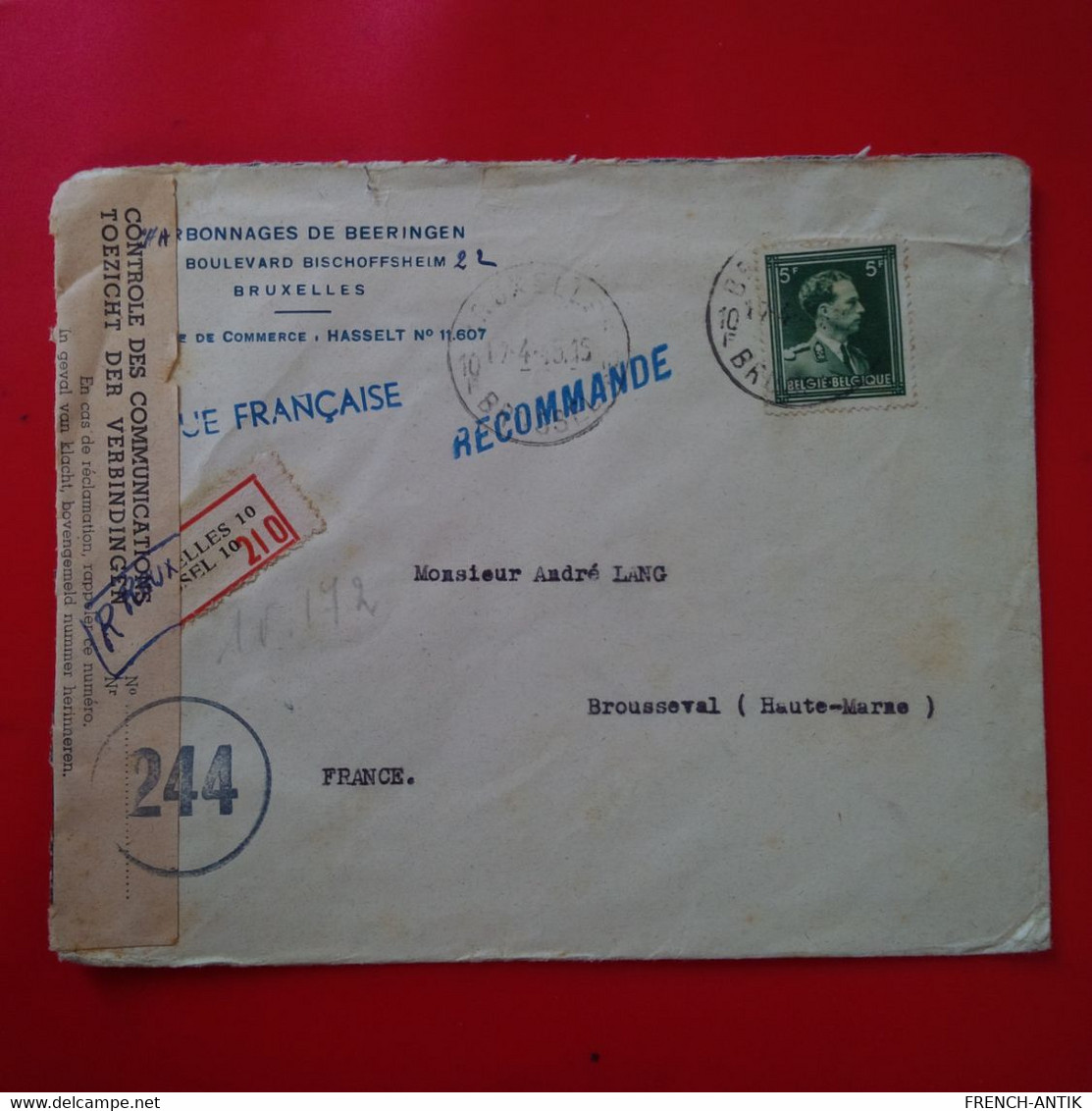 LETTRE RECOMMANDE BRUXELLES CHARBONNAGES DE BEERINGEN POUR BROUSSEVAL  CONTROLE 1945 - Guerre 40-45 (Lettres & Documents)