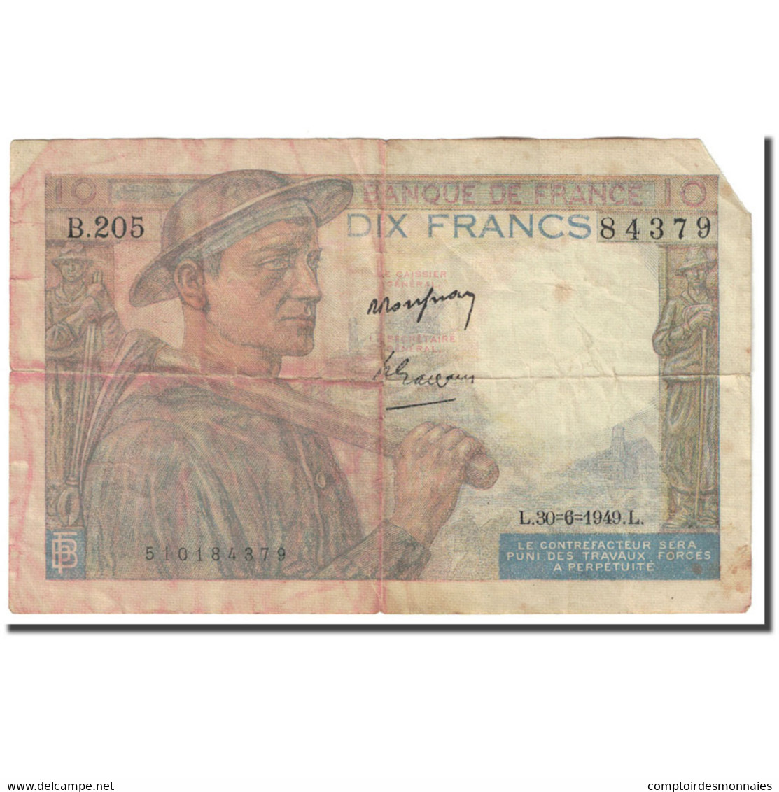 France, 10 Francs, 1944, 1949-06-30, B, KM:99f - 10 F 1941-1949 ''Mineur''