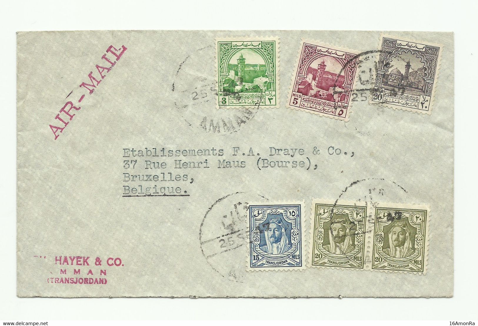 Cover Franked 5 Colours Of 83 Mil. Dc AMMAN (transjordania) 25 Sept. 1947 To Brussels (Belgium)  - W1374 - Palestine