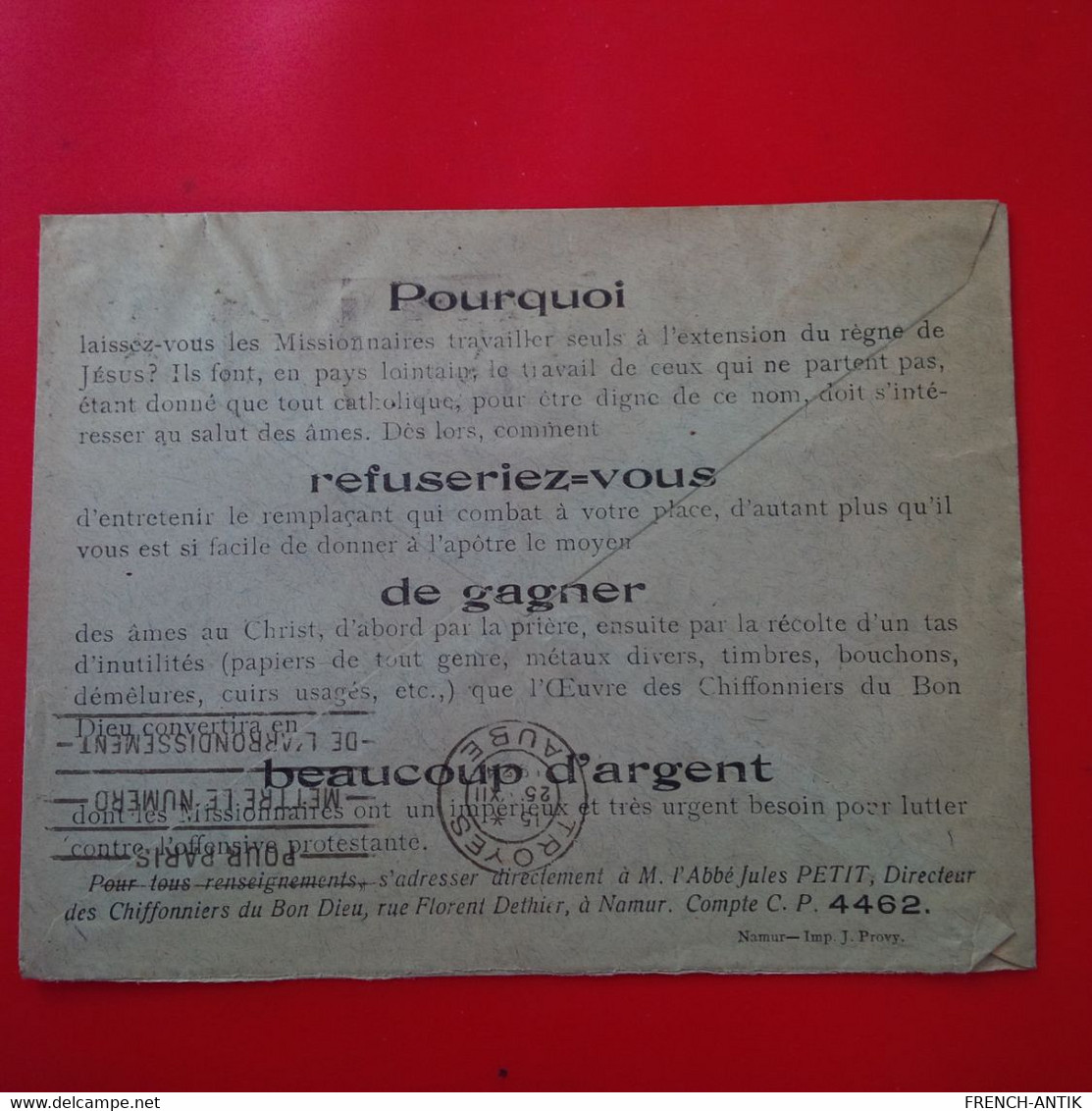 LETTRE NAMUR POUR TROYES 1924 - Lettres & Documents