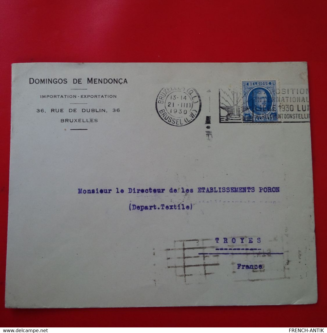 LETTRE BRUXELLES DOMINGOS DE MENDONCA POUR TROYES 1930 - Lettres & Documents