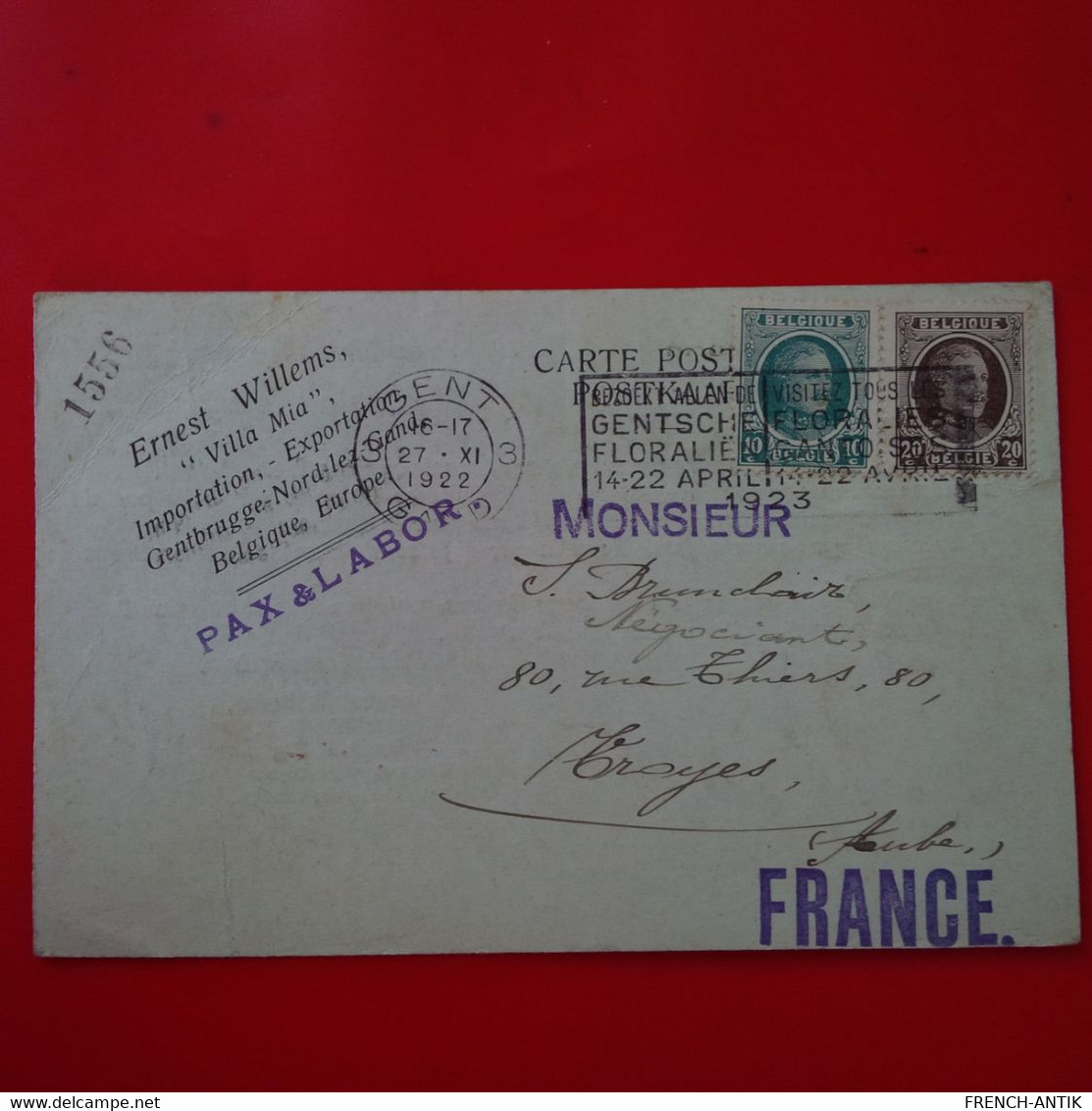 LETTRE GENT POUR TROYES CACHET ERNEST WILLEMS VILLA MIA 1922 - Lettres & Documents