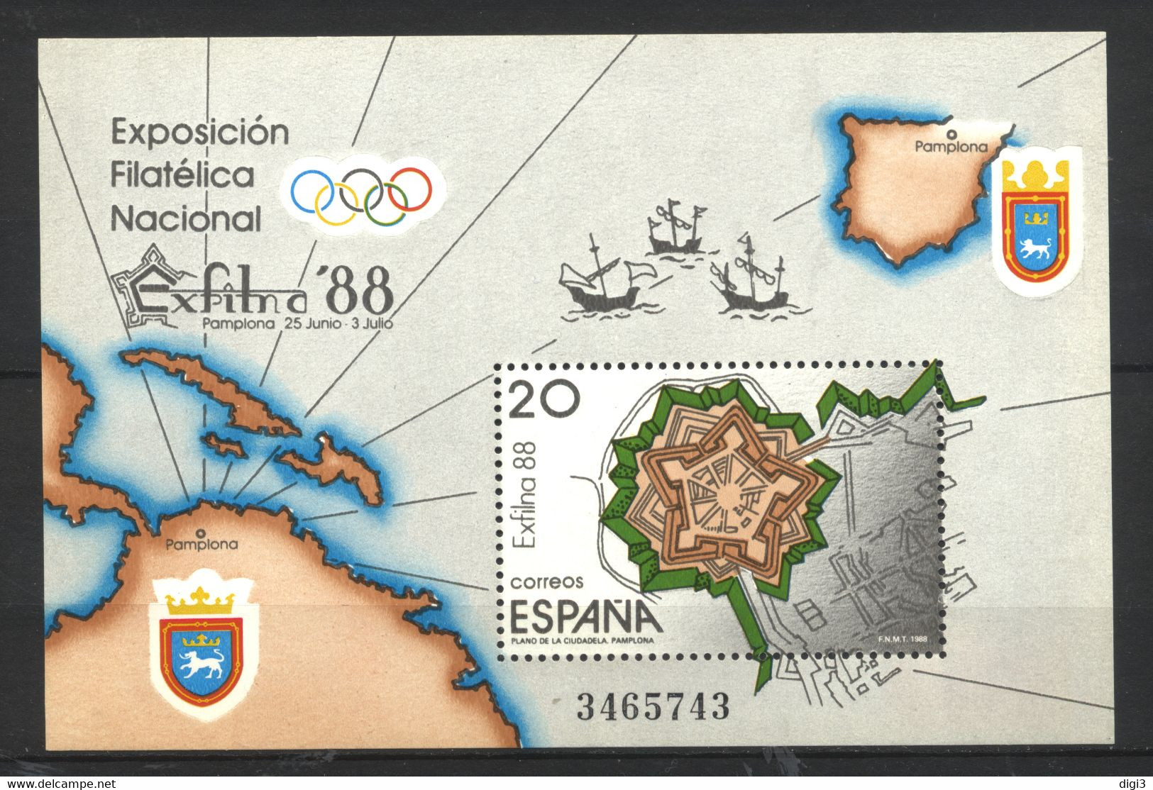 España, 1988, Exposiciòn Filatélica Nacional, EXFILNA 88, 20 P., Hojita, MNH** - Herdenkingsblaadjes