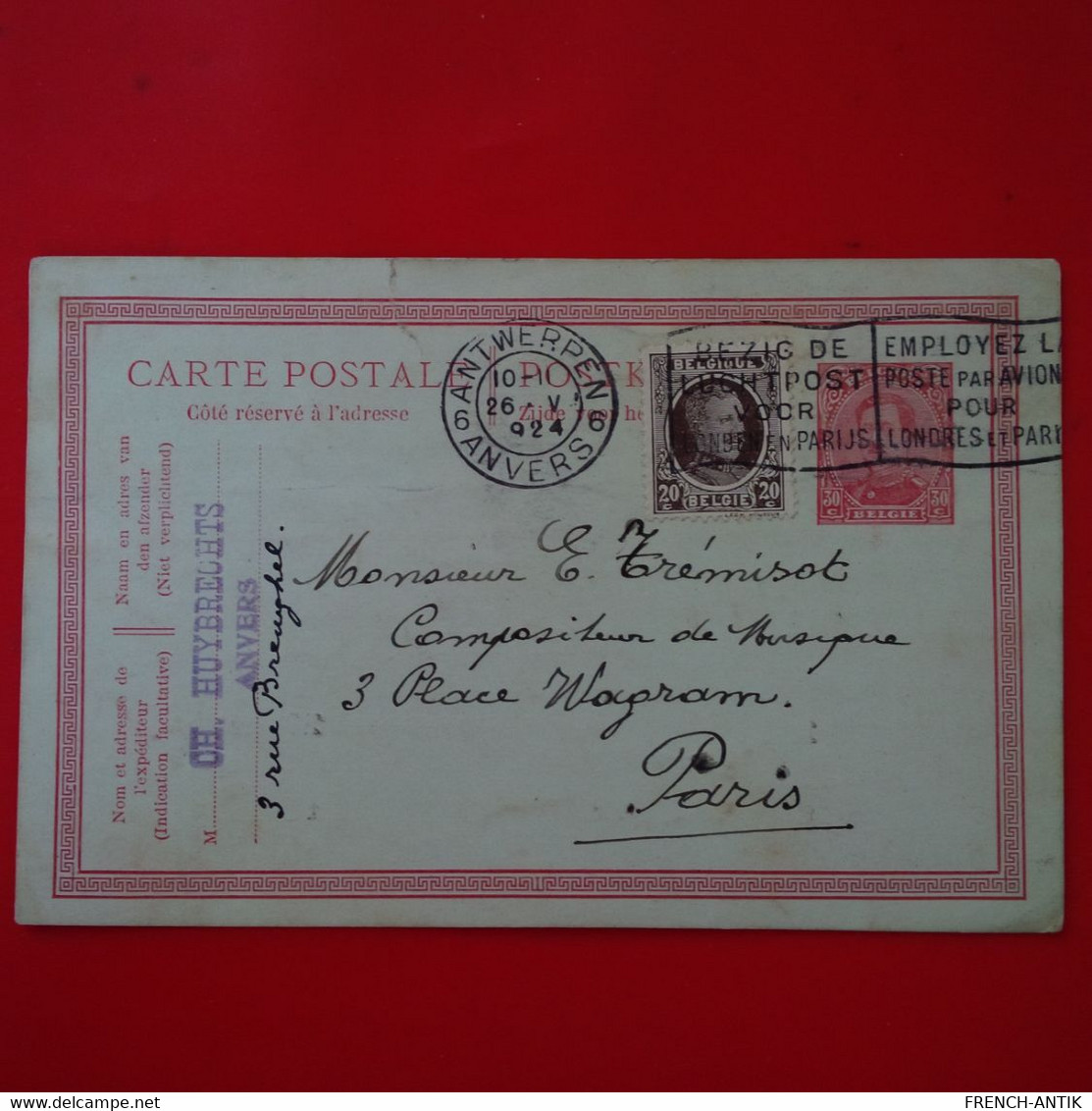 LETTRE ANVERS ANTWERPEN CHEF D ORCHESTRE POUR PARIS E.TREMISOT COMPOSITEUR DE MUSIQUE 1924 - Cartas & Documentos