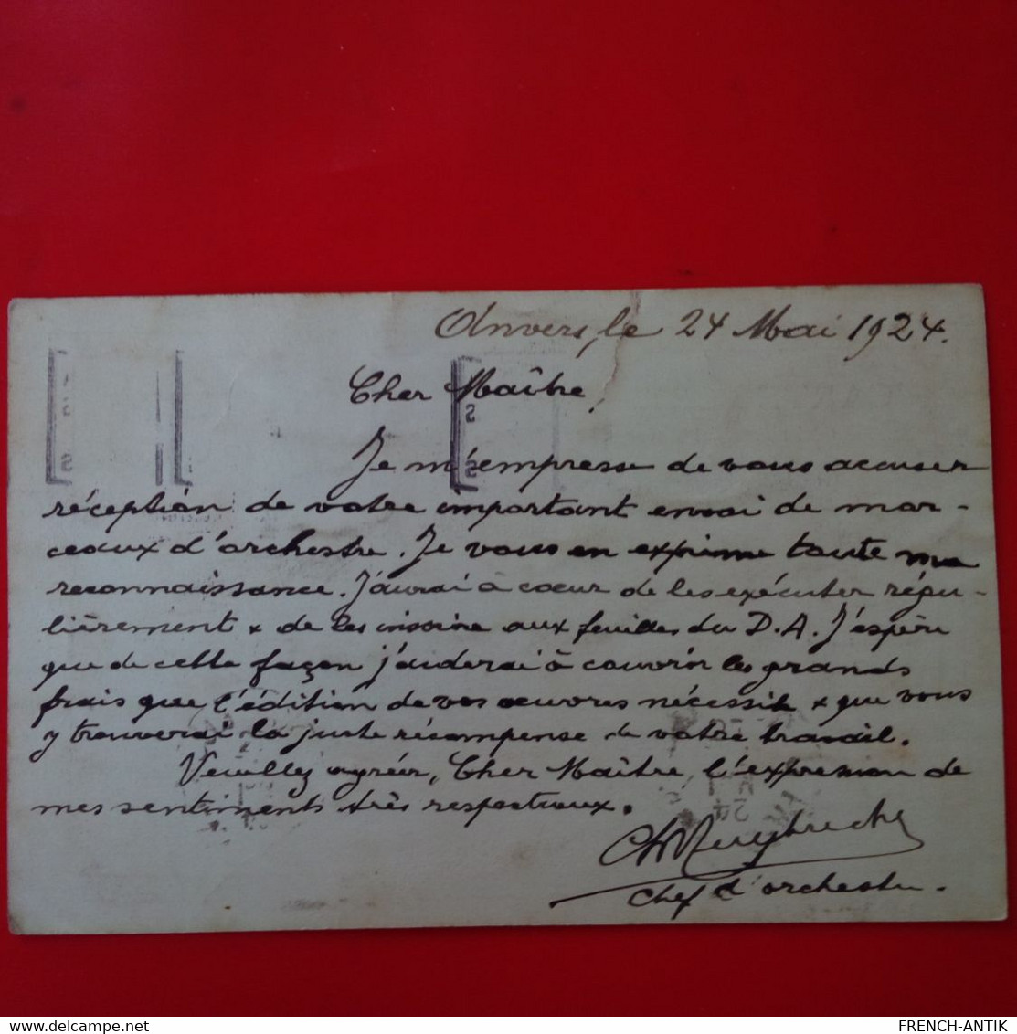 LETTRE ANVERS ANTWERPEN CHEF D ORCHESTRE POUR PARIS E.TREMISOT COMPOSITEUR DE MUSIQUE 1924 - Briefe U. Dokumente