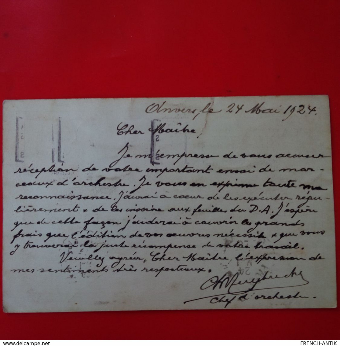 LETTRE ANVERS ANTWERPEN CHEF D ORCHESTRE POUR PARIS E.TREMISOT COMPOSITEUR DE MUSIQUE 1924 - Brieven En Documenten