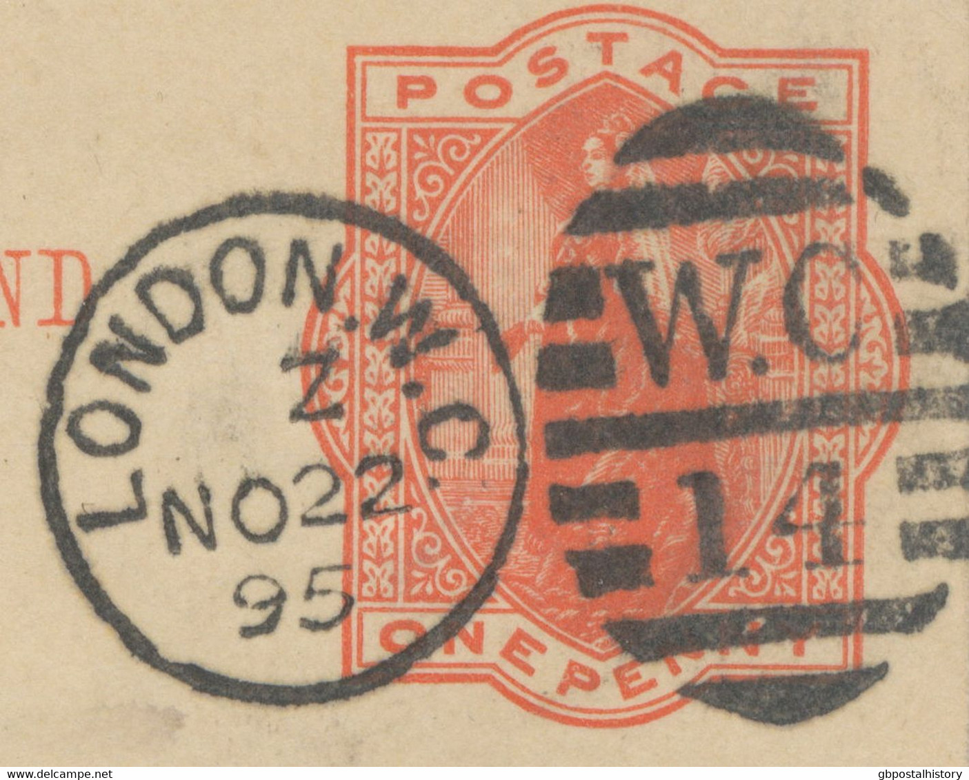 GB 1895 QV 1d Orangered Postcard W Duplex "LONDON.W.C. / W.C / 14" NEW LATEST USAGE - Storia Postale