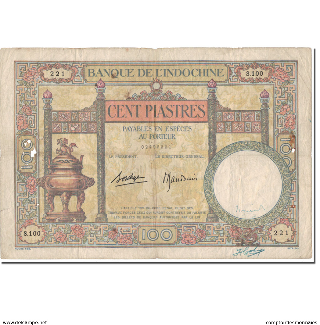 Billet, FRENCH INDO-CHINA, 100 Piastres, KM:51d, TB - Indochine