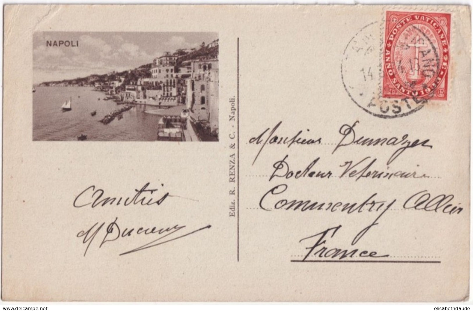 1934 - VATICAN - ANNO SANTO RARE Sur CARTE De NAPOLI EXPEDIEE De La CITE Du VATICAN => COMMENTRY - Lettres & Documents