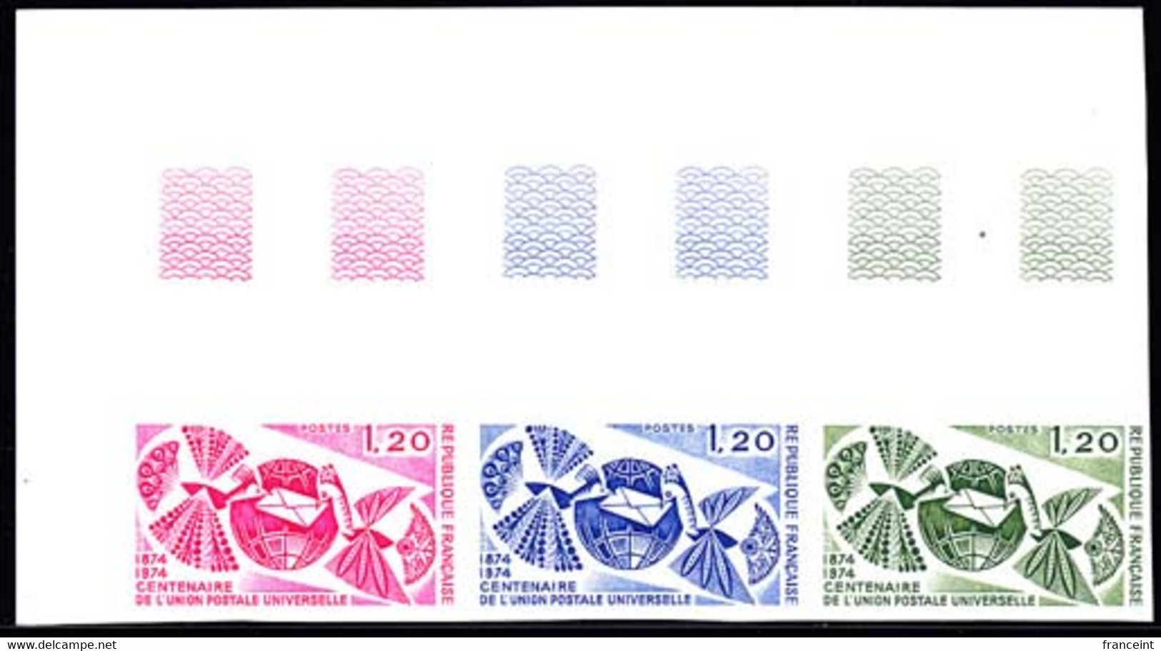 FRANCE (1974) Bird Carrying Letter. Trial Color Proof Margin Strip Of 3. UPU Centenary. Scott No 1415, Yvert No 1817. - Otros & Sin Clasificación