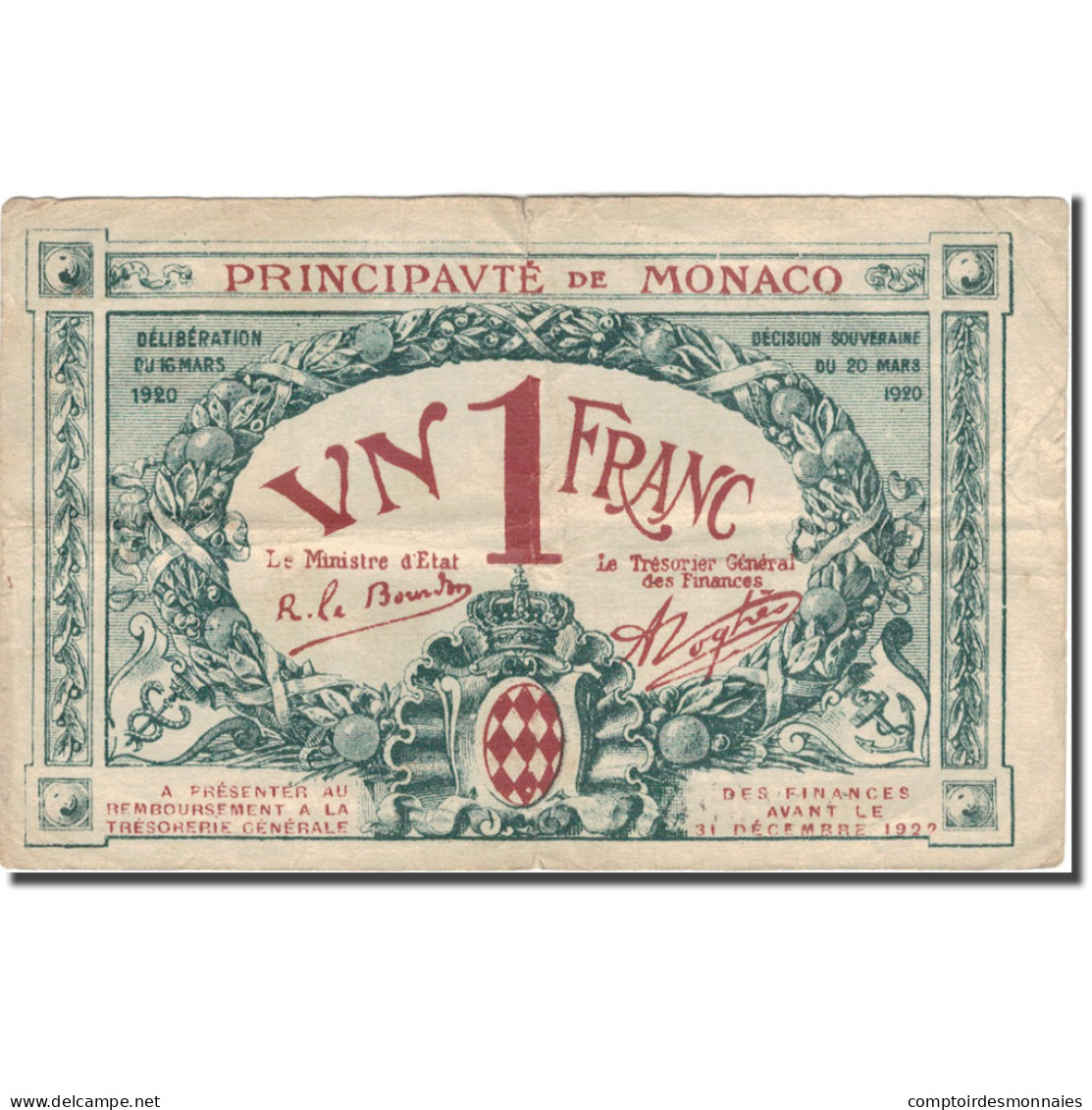 Billet, Monaco, 1 Franc, Blason, 1920, 1920-03-20, TTB - Mónaco