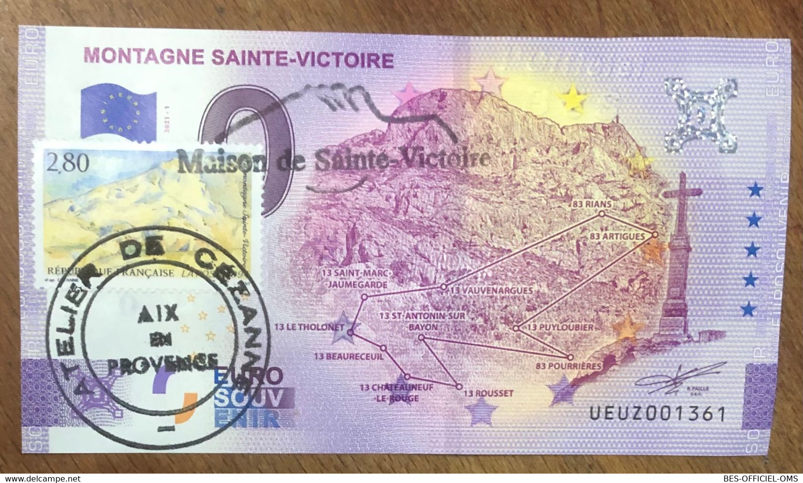 2021 BILLET 0 EURO SOUVENIR DPT 13 MONTAGNE SAINTE-VICTOIRE + TIMBRE & TAMPONS PAPER MONEY 0 EURO SCHEIN BANKNOTE - Essais Privés / Non-officiels