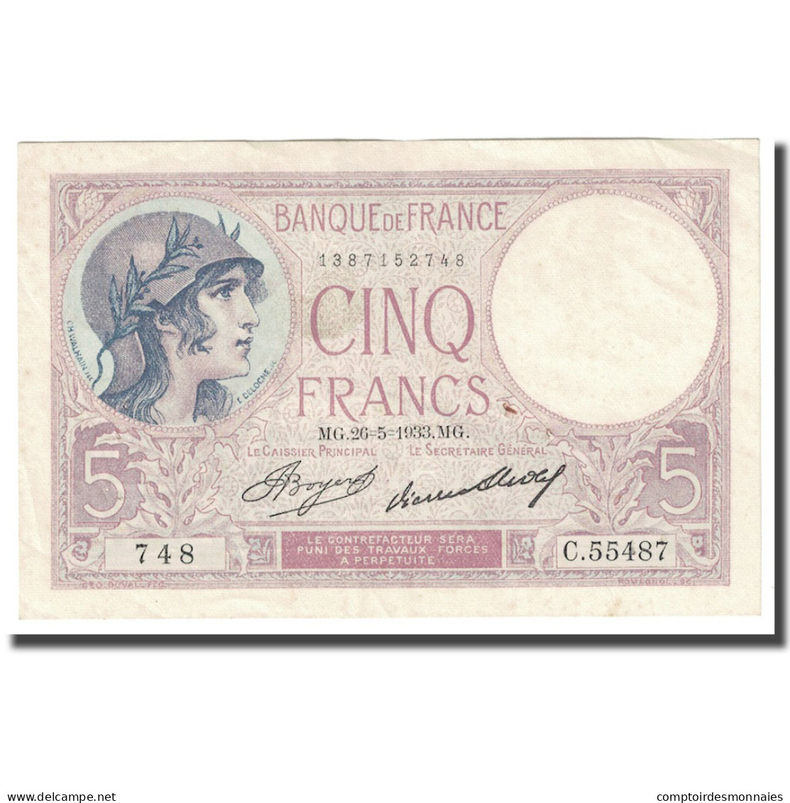 France, 5 Francs, Violet, 1933, 1933-05-26, TTB+, Fayette:3.17, KM:72e - 5 F 1917-1940 ''Violet''