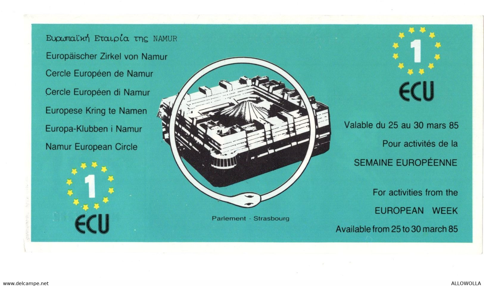 13581" EUROPEAN CIRCLE OF NAMUR-1 ECU " Cm. 7,5 X 14,5 - Unclassified