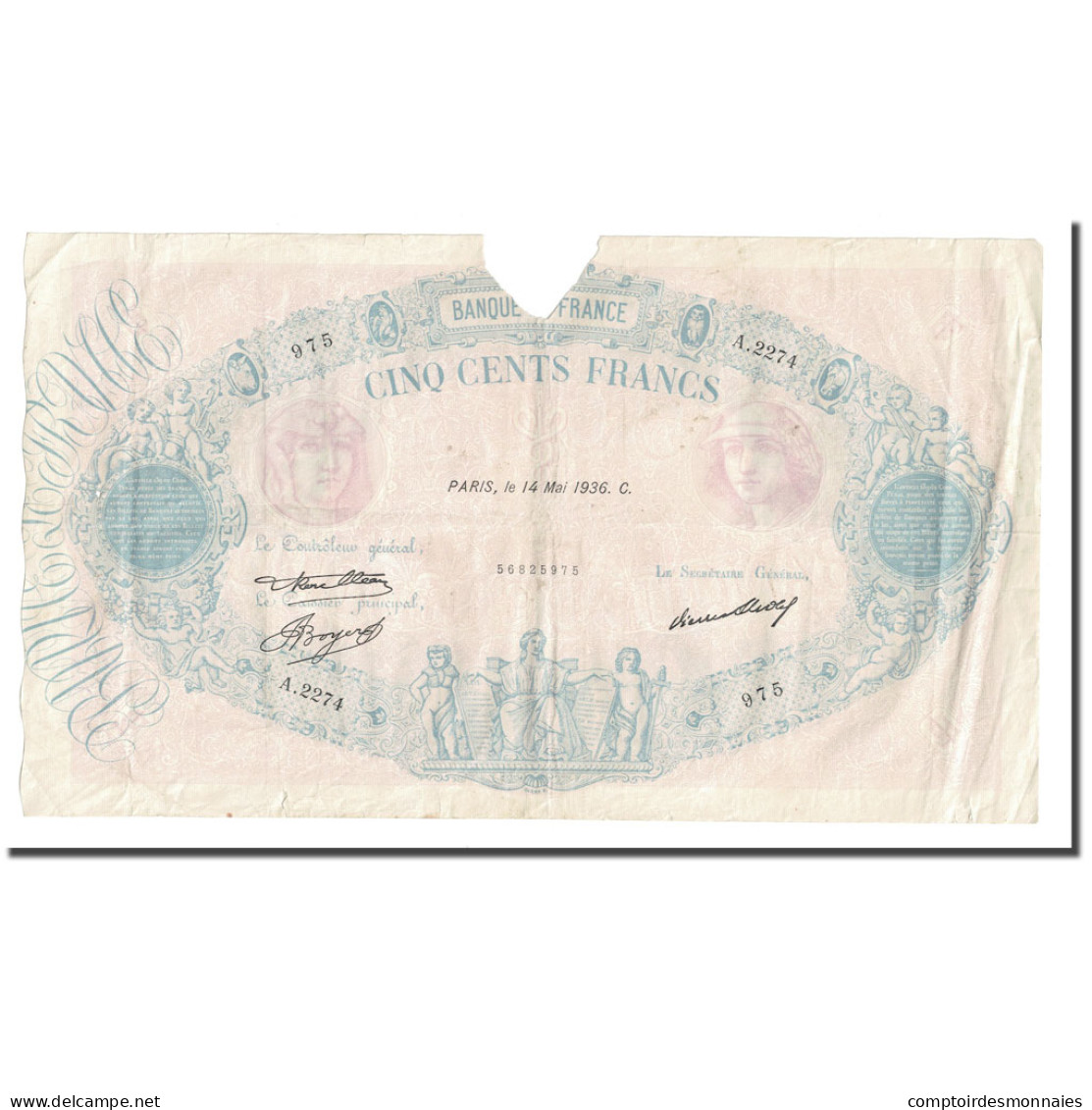 France, 500 Francs, Bleu Et Rose, 1936, 1936-05-14, B, Fayette:30.37, KM:66m - 500 F 1888-1940 ''Bleu Et Rose''