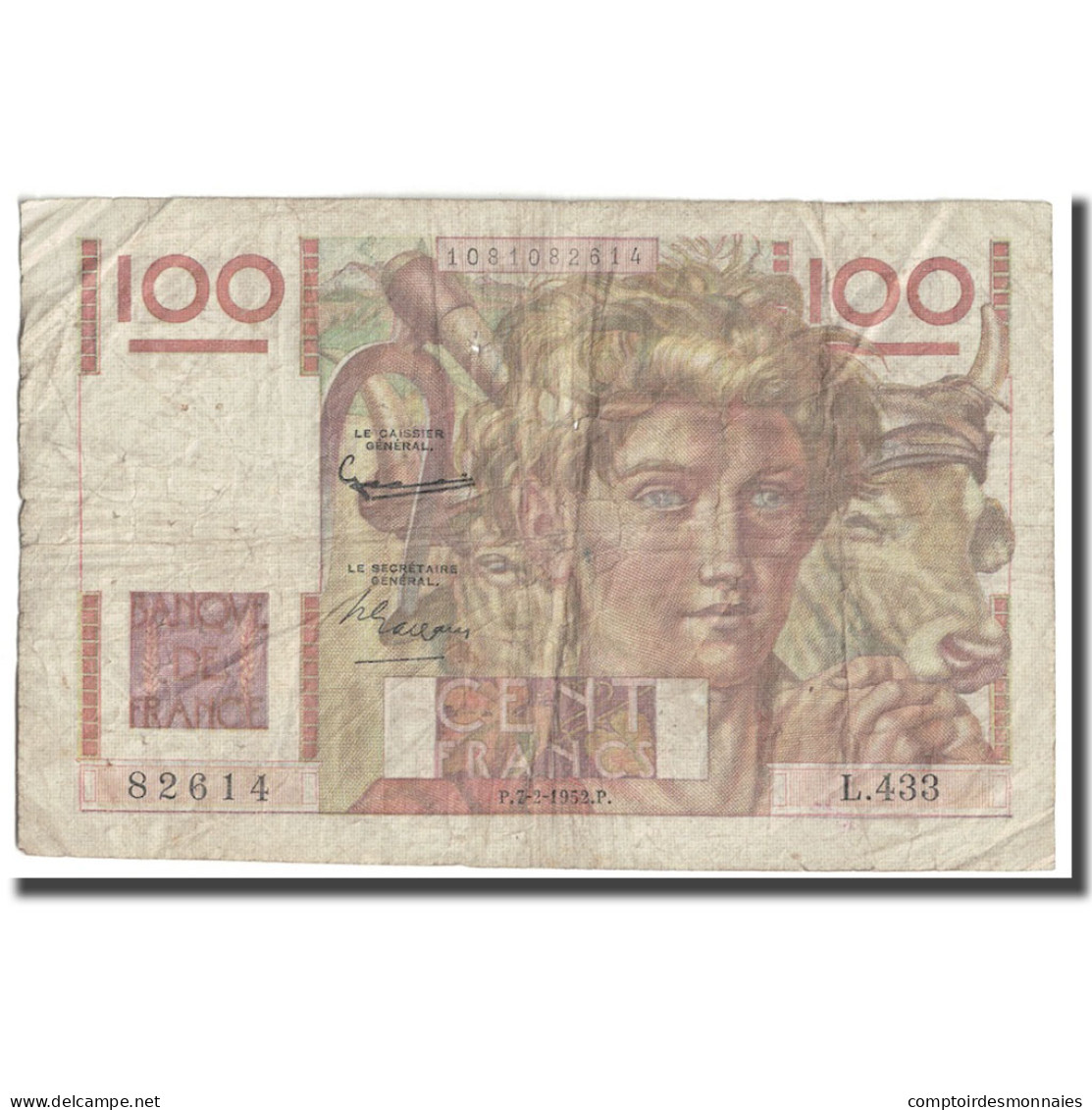 France, 100 Francs, Jeune Paysan, 1952, 1952-02-07, B, Fayette:28.31, KM:128d - 100 F 1945-1954 ''Jeune Paysan''