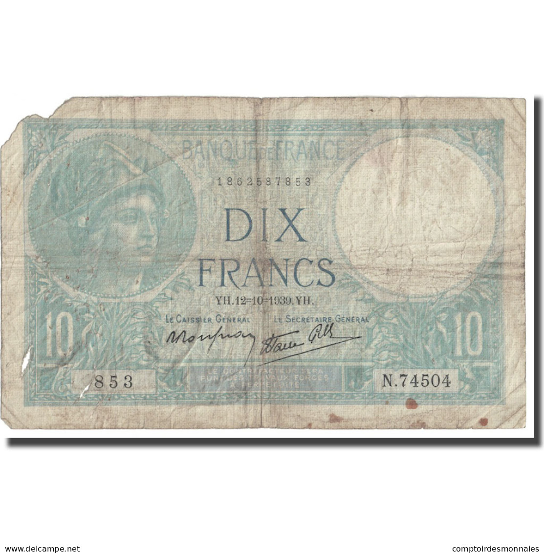 France, 10 Francs, Minerve, 1939, 1939-10-12, AB, Fayette:7.11, KM:84 - 10 F 1916-1942 ''Minerve''