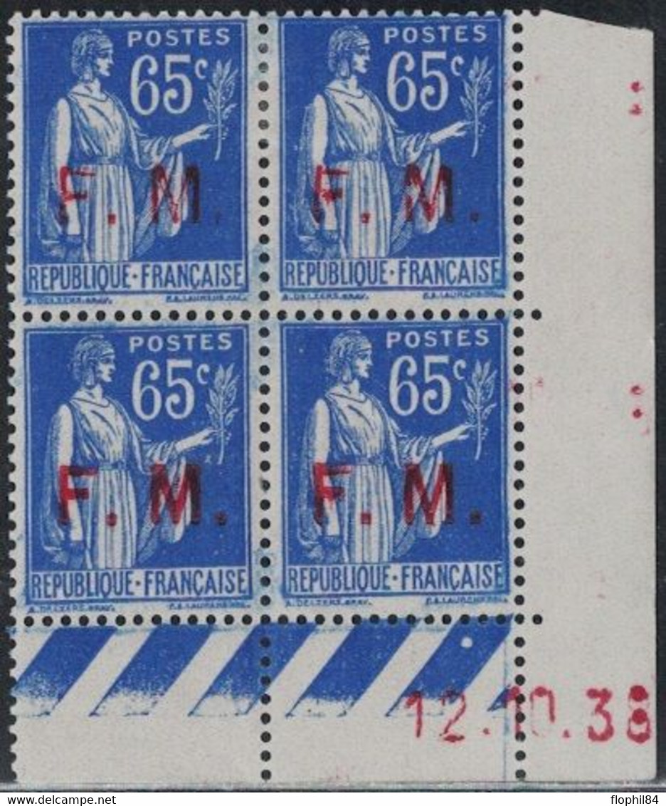 FM - TYPE PAIX - 65c - N°8 - VARIETE SURCHARGE FINE OU PARTIELLE -  BLOC DE 4 - COIN DATE - 12-10-1938 - CHARNIERE. - Other & Unclassified