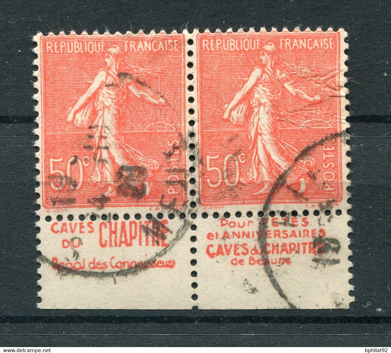 !!! PAIRE 50C SEMEUSE AVEC BANDES PUB CAVES DU CHAPITRE OBLITEREE - Used Stamps