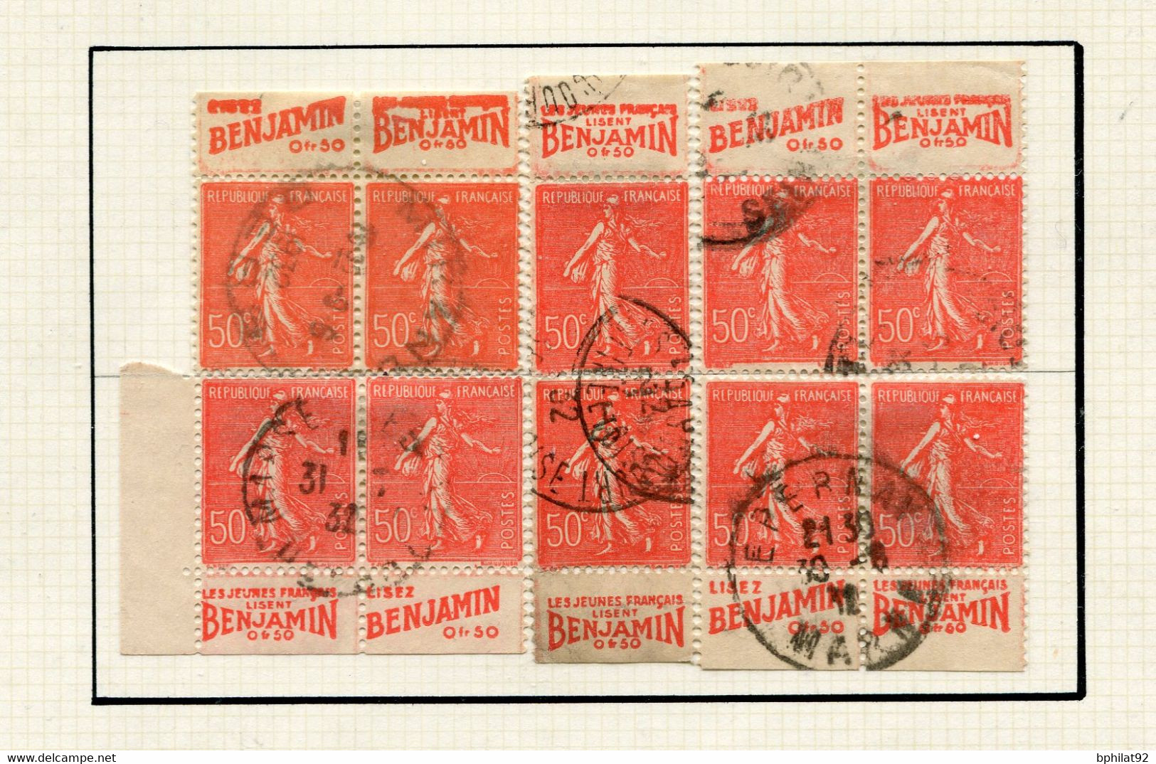 !!! 50C SEMEUSE LIGNEE, RECONSTITUTION DU PANNEAU BENJAMIN OBLITERE - Used Stamps