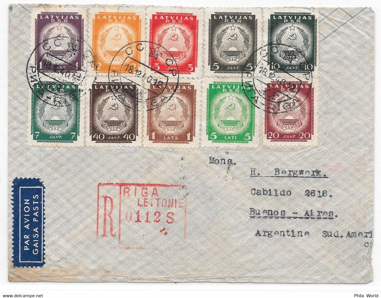 PANAM PAA FAM-18 - LATVIA LETTONIE LATVIJAS CCCP RIGA 1940 Air Mail Registered Cover To ARGENTINA Via NY Par Avion - Flugzeuge