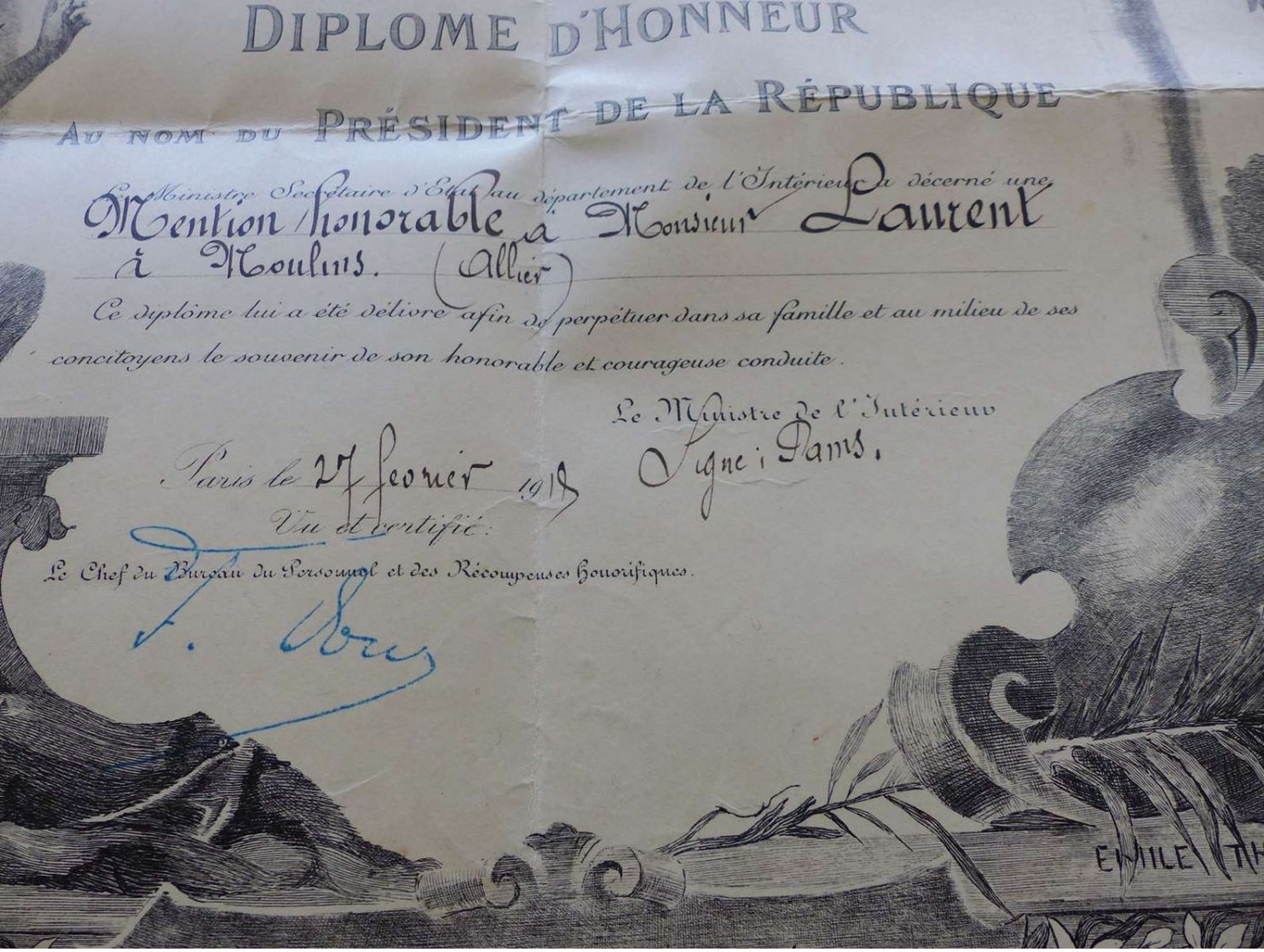 M-167 ,  Diplôme D'Honneur Au Nom Du Président De La République, Récompensé Pour Belle Action 1918 - Diploma & School Reports