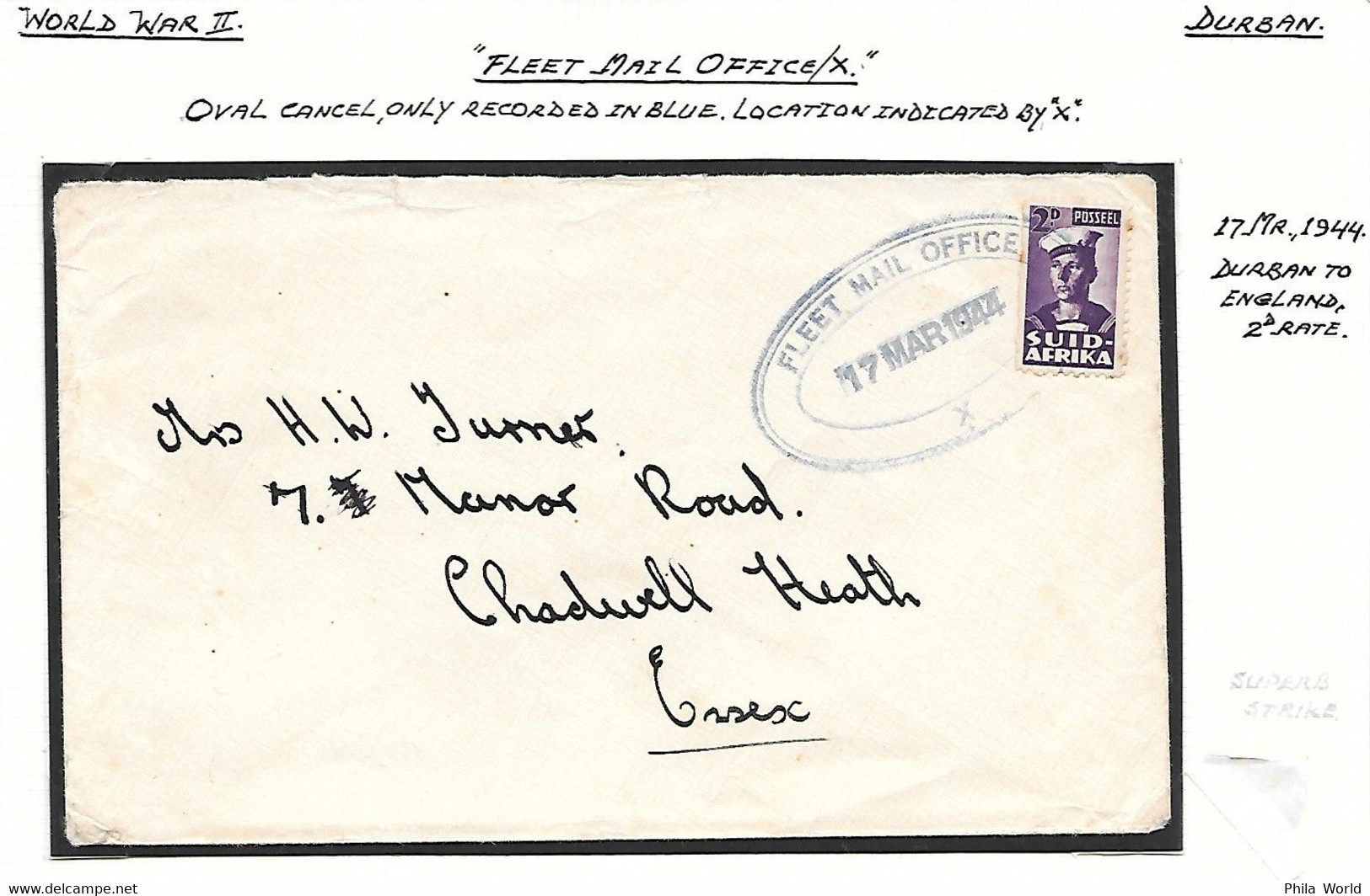 MARITIME FLEET MAIL OFFICE X 1944 WW2 SOUTH AFRICA Durban To ENGLAND Essex Worn Cancel 2nd Rate - Storia Postale