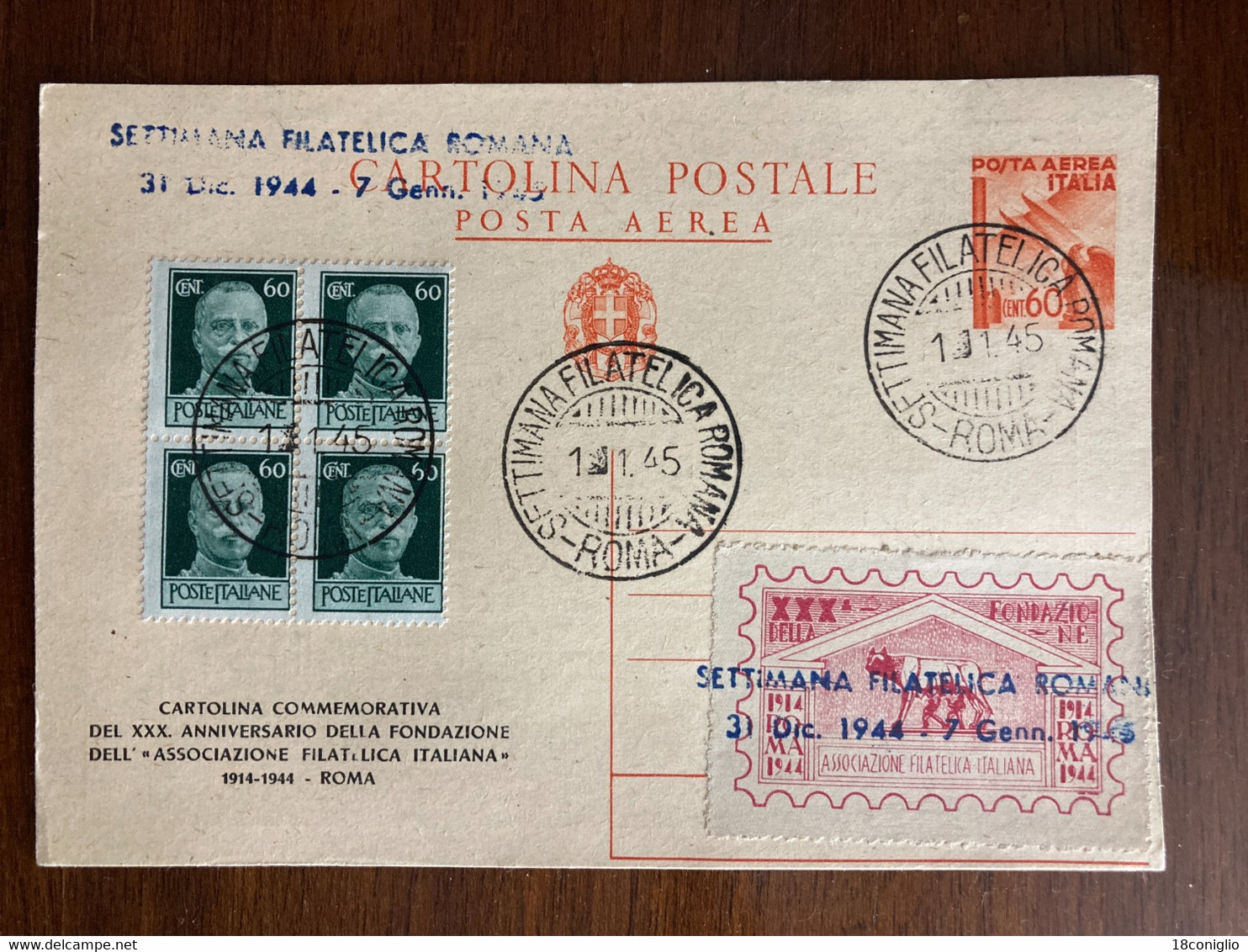 Italia Intero Postale Posta Aerea 60 Centesimi Con Sovrastampa Privata Cartolina Commemorativa Associazione Filatelica. - Postwaardestukken