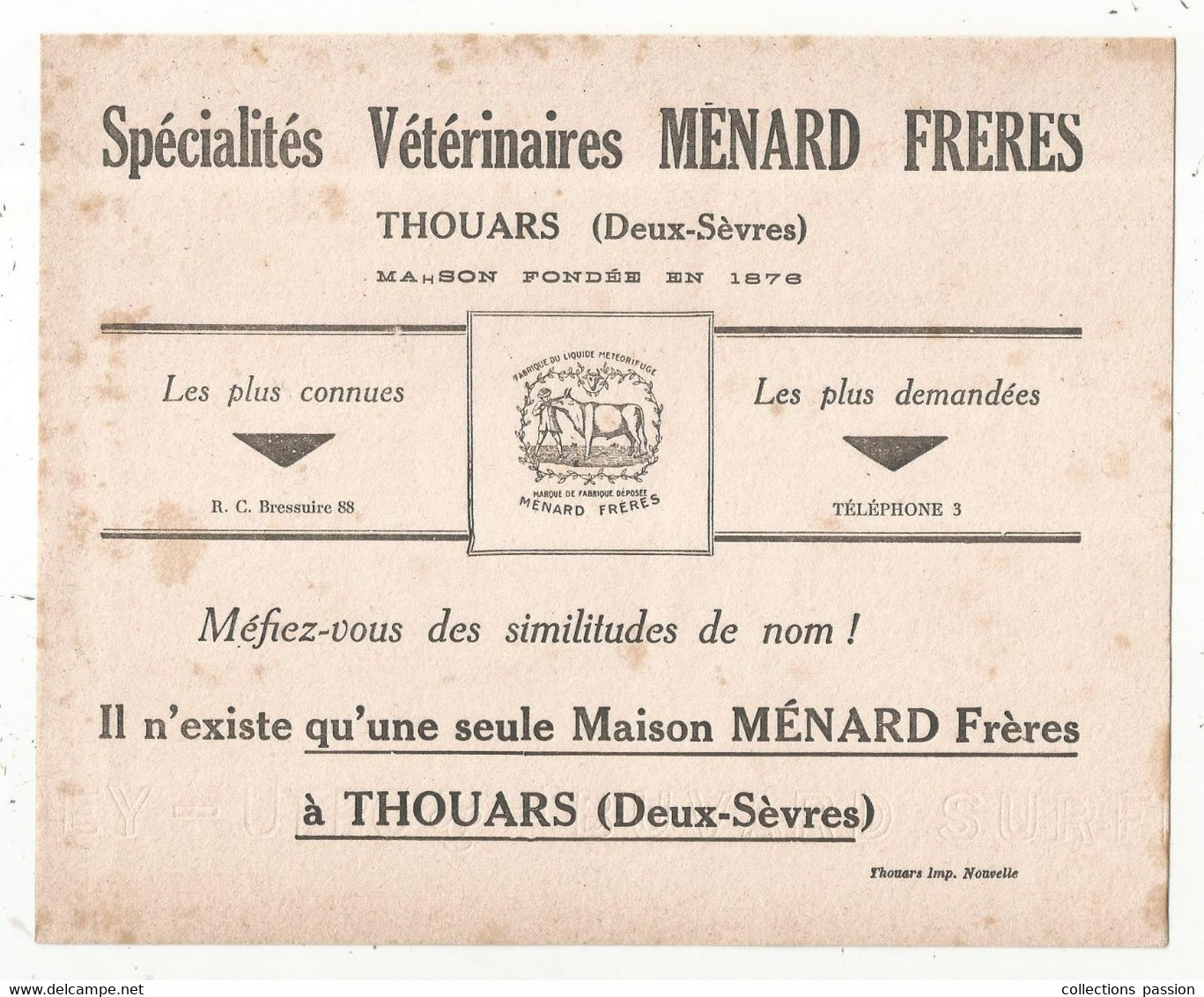 Buvard , 210 X 170 Mm, MENARD FRERES à THOUARS, Deux Sèvres, 2 Scans, Frais Fr 1.95 E - Animaux