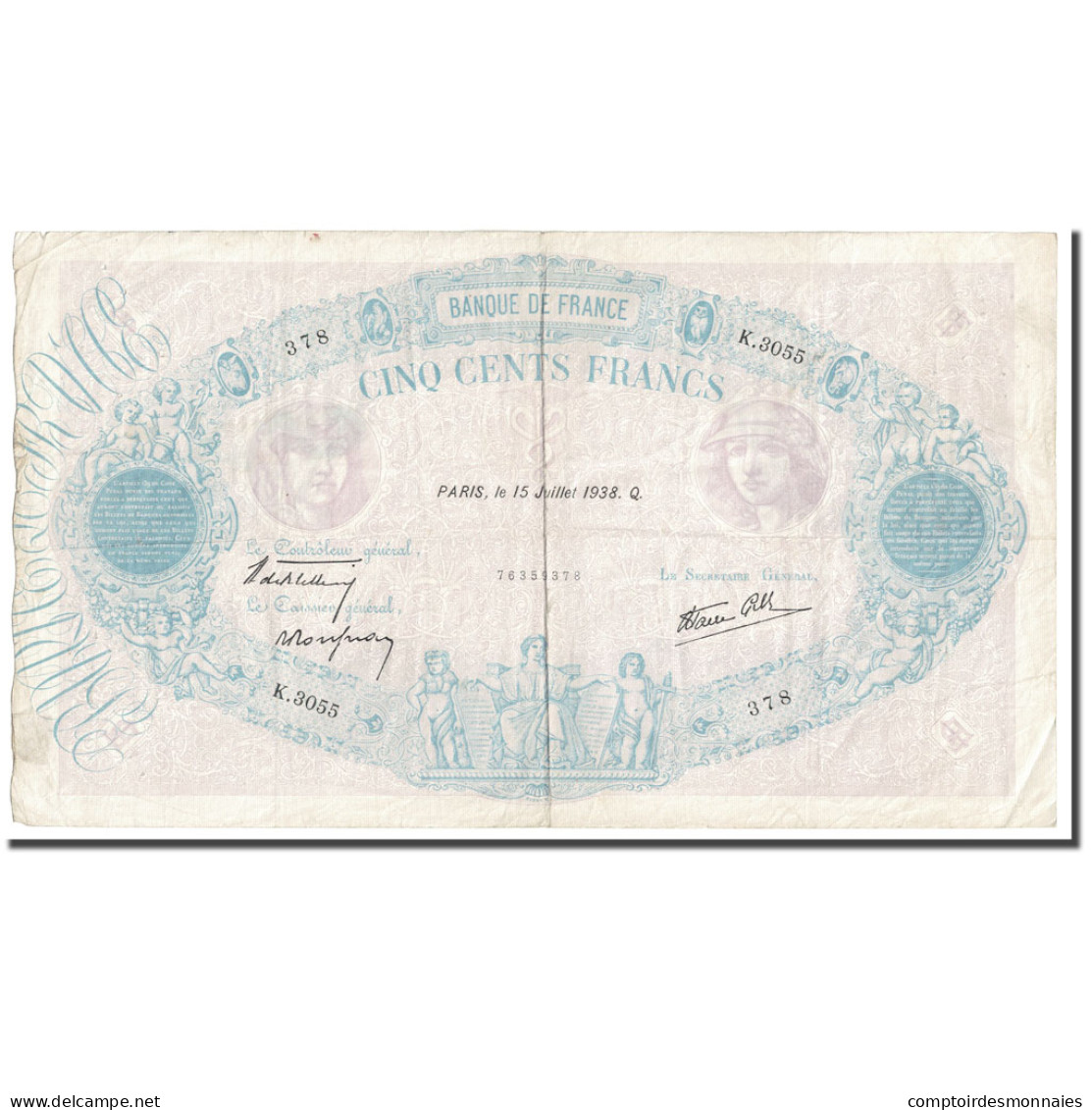 France, 500 Francs, Bleu Et Rose, 1938, 1938-07-15, B+, Fayette:31.18, KM:66g - 500 F 1888-1940 ''Bleu Et Rose''