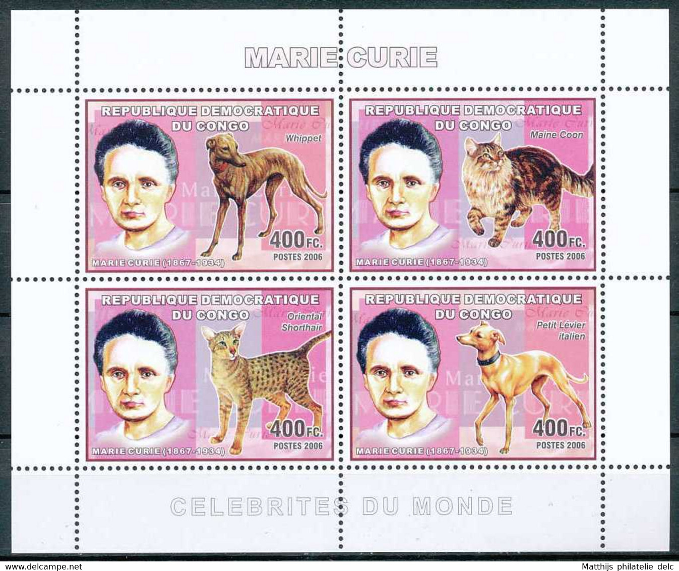 NB - [30267]SUP//**/Mnh-c:14e-RD CONGO 2006 - Célébrités Du Monde - Marie Curie. - Dogs