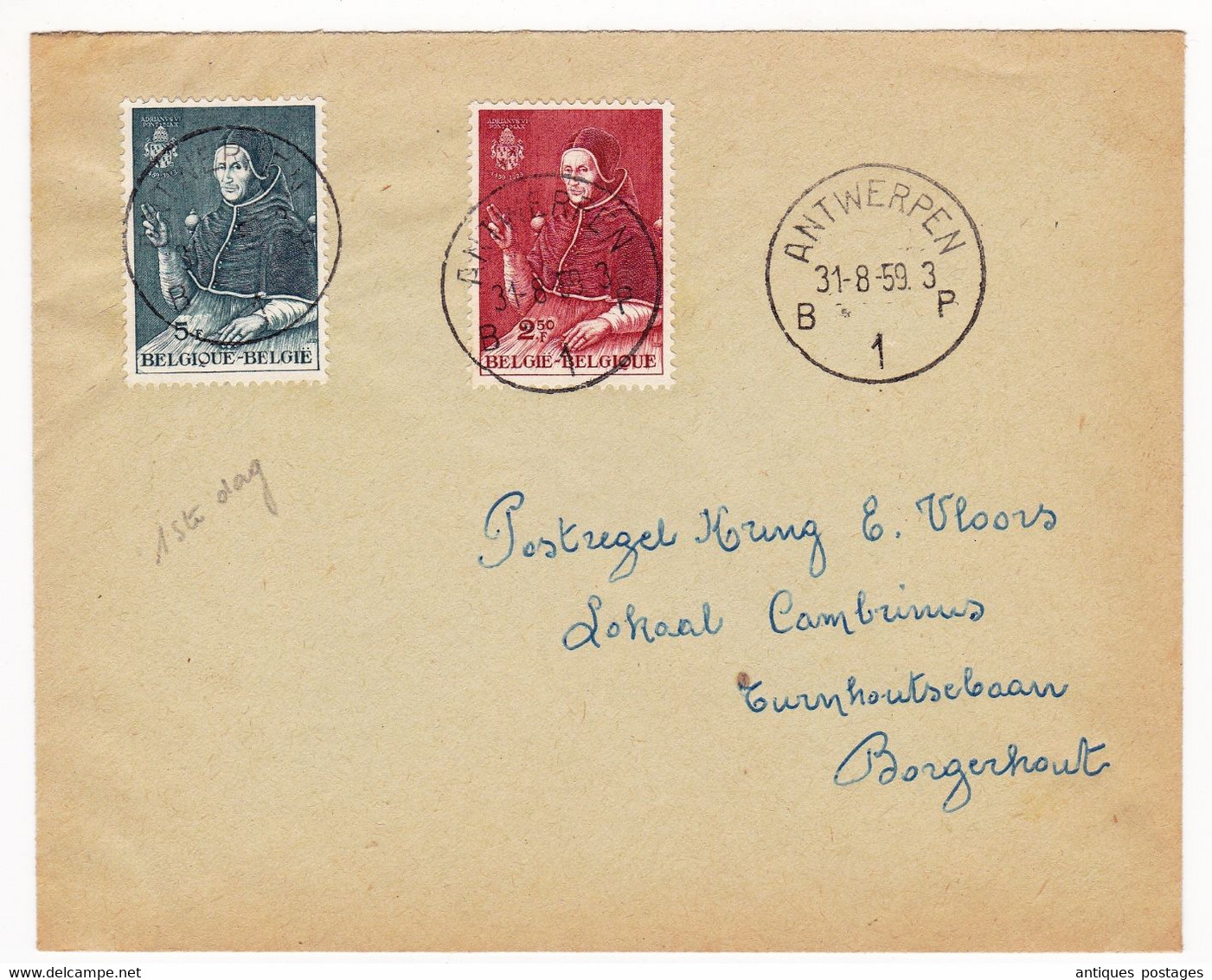 Lettre Anvers 1959 Belgique Belgien Antwerpen Pope Adrianus VI Pape Adrien VI - Storia Postale