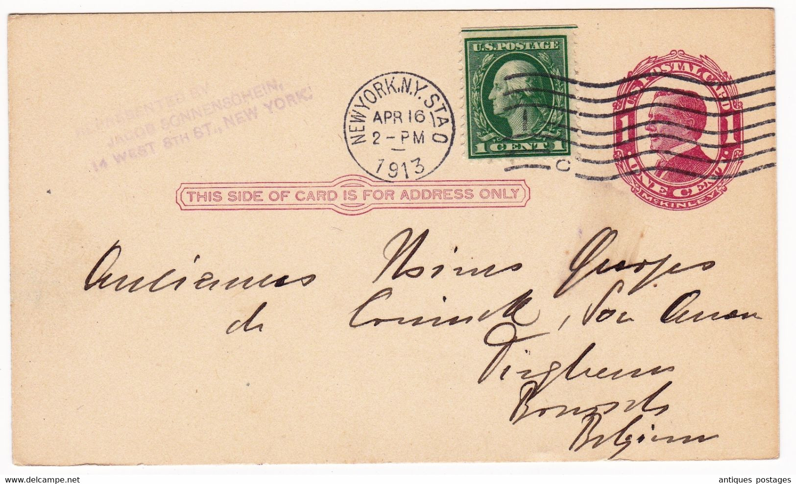 Post Card New York 1913 USA Jacob Sonnenschein Mine Belgique - 1901-20