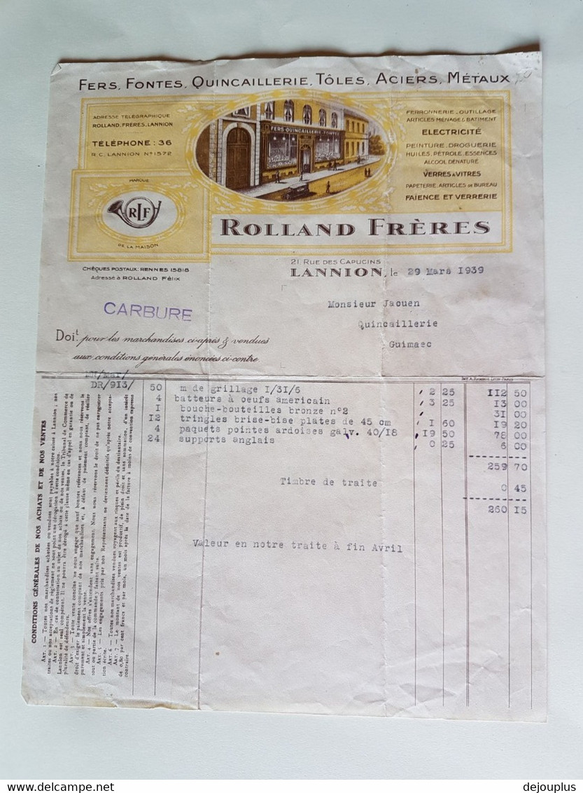 FACTURE  ETBS  ROLLAND  FRERES     A    LANNION        QUINCAILLERIE  FERS  FONTES  ACIERS - Other & Unclassified